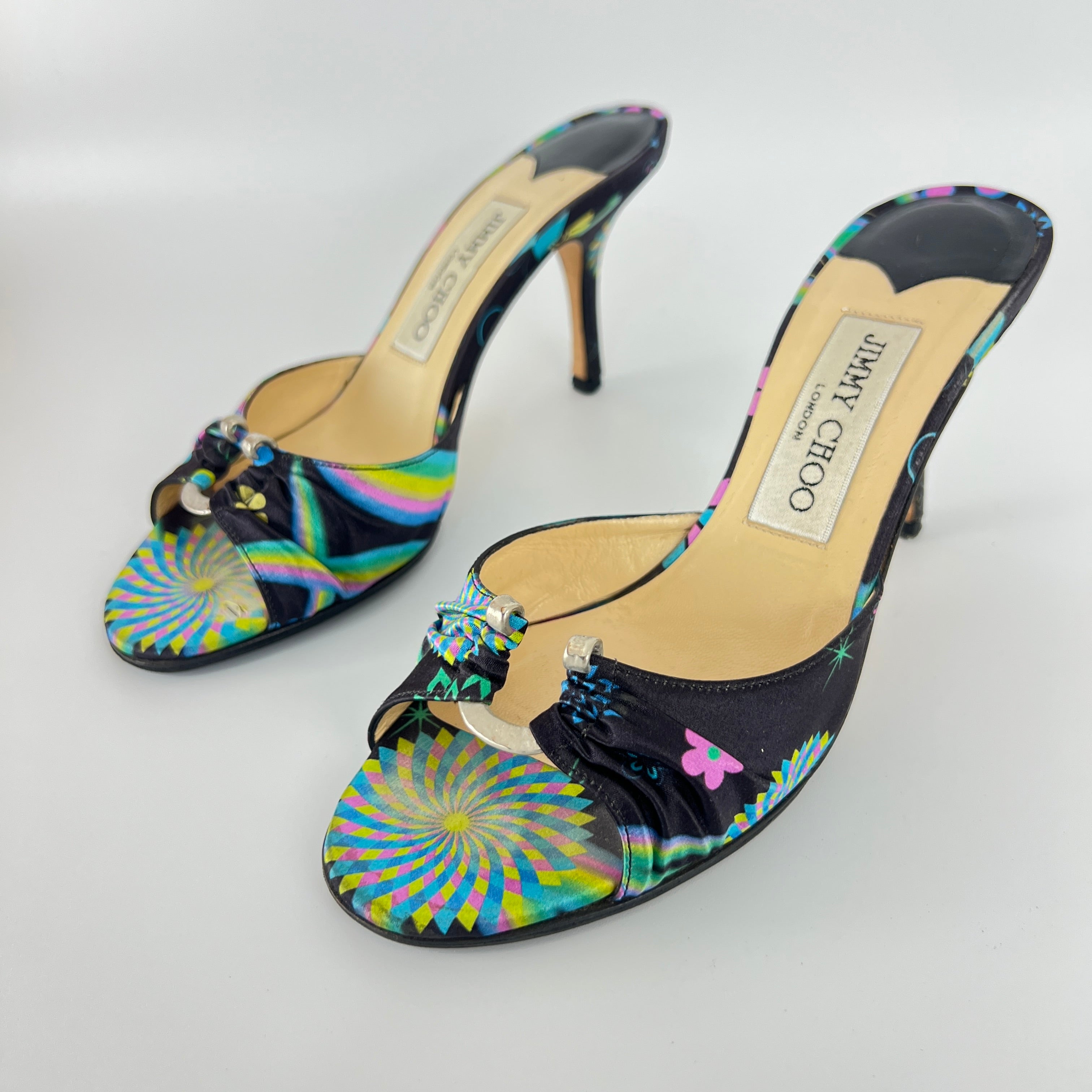 Jimmy Choo | Vintage Black Satin Floral Geometric Slide Mules Y2K Rare (35.5)