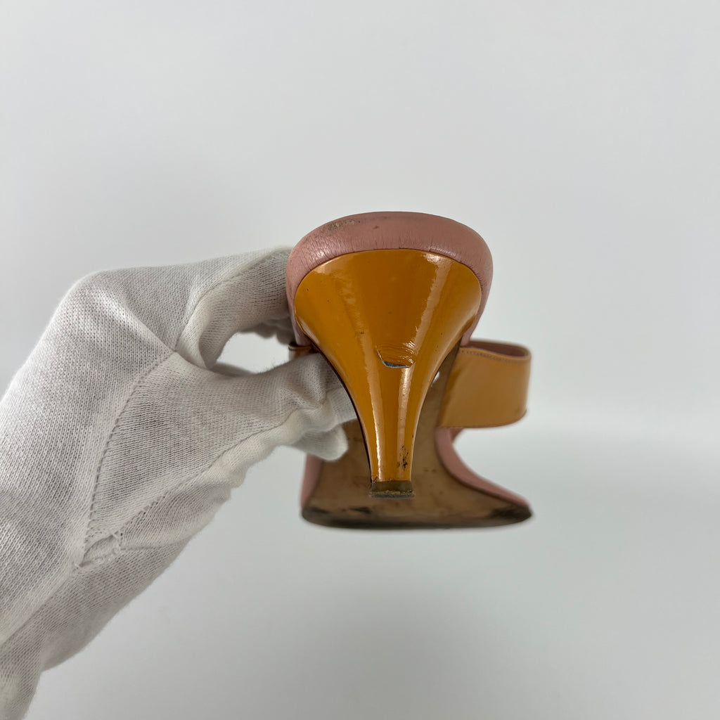 Prada | Vintage Y2K Holiday Rosa Orange Patent Leather Logo Thong Kitten Mules (36)