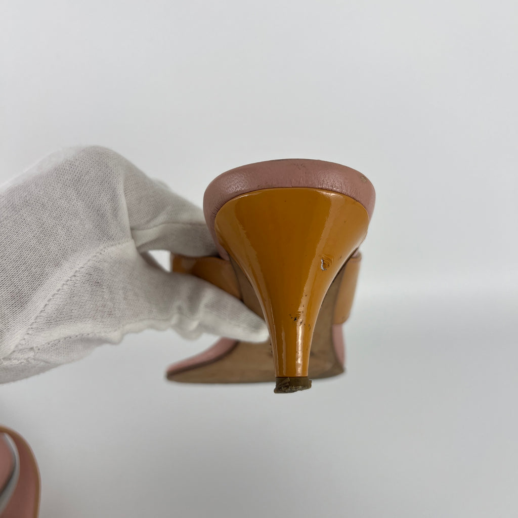 Prada | Vintage Y2K Holiday Rosa Orange Patent Leather Logo Thong Kitten Mules (36)
