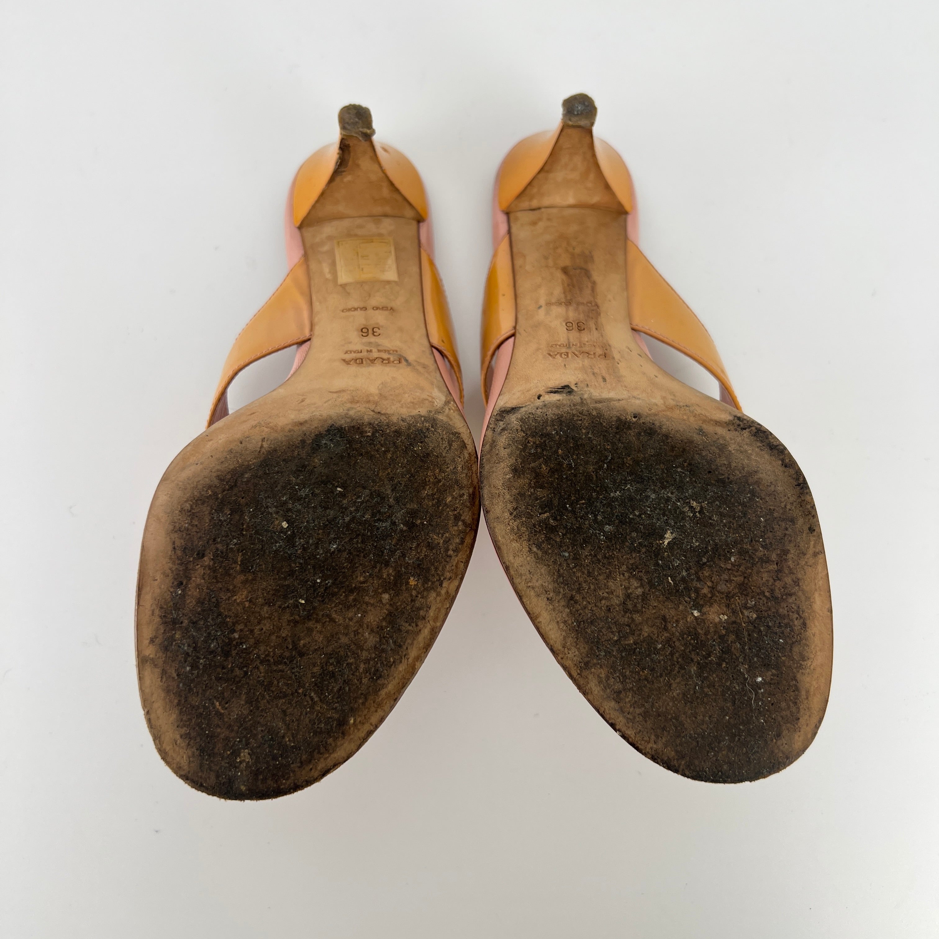 Prada | Vintage Y2K Holiday Rosa Orange Patent Leather Logo Thong Kitten Mules (36)