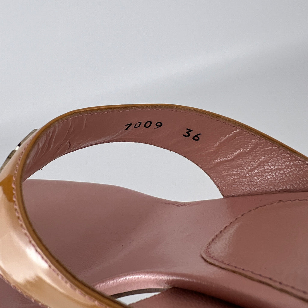 Prada | Vintage Y2K Holiday Rosa Orange Patent Leather Logo Thong Kitten Mules (36)