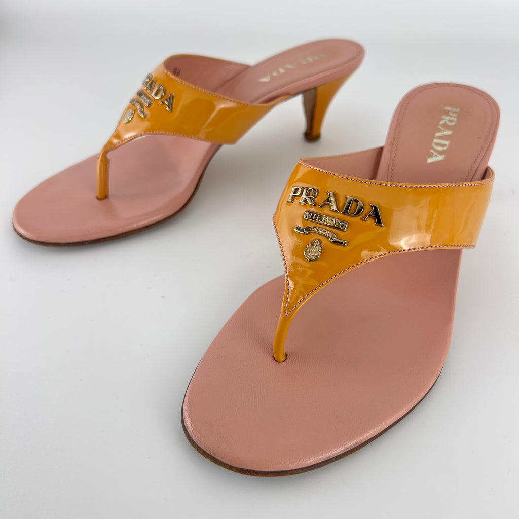 Prada | Vintage Y2K Holiday Rosa Orange Patent Leather Logo Thong Kitten Mules (36)
