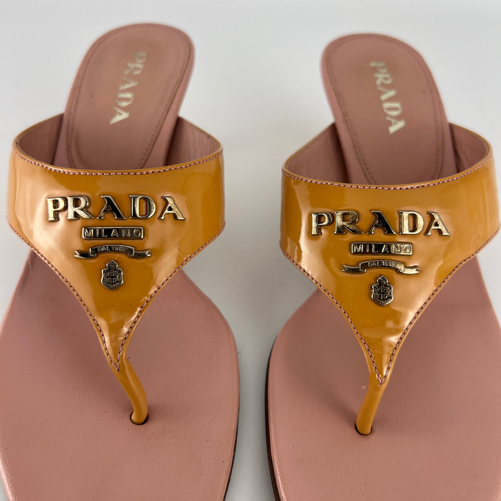 Prada | Vintage Y2K Holiday Rosa Orange Patent Leather Logo Thong Kitten Mules (36)