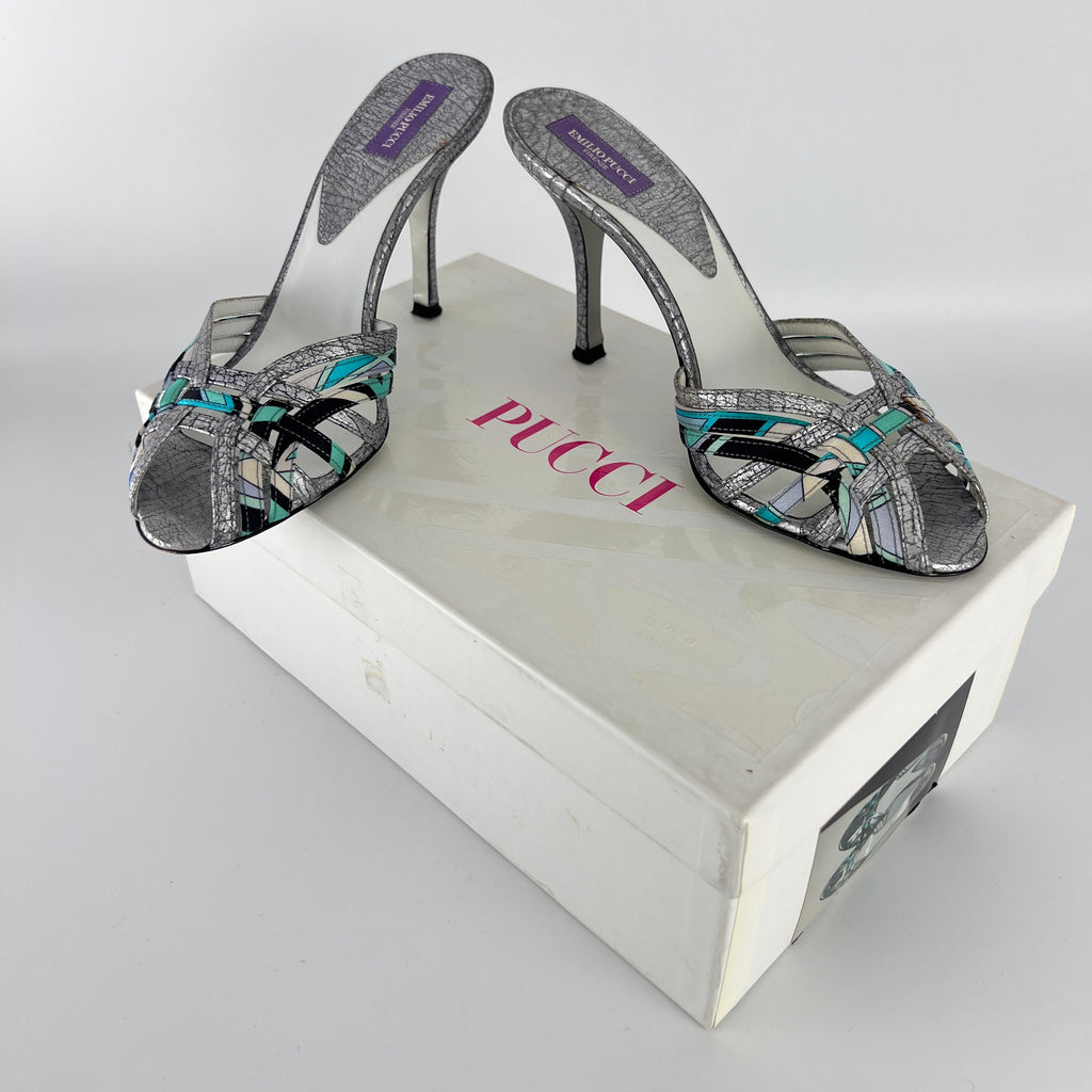 Emilio Pucci | Vintage Y2K Blue Metallic Silver Stiletto Mules (36)