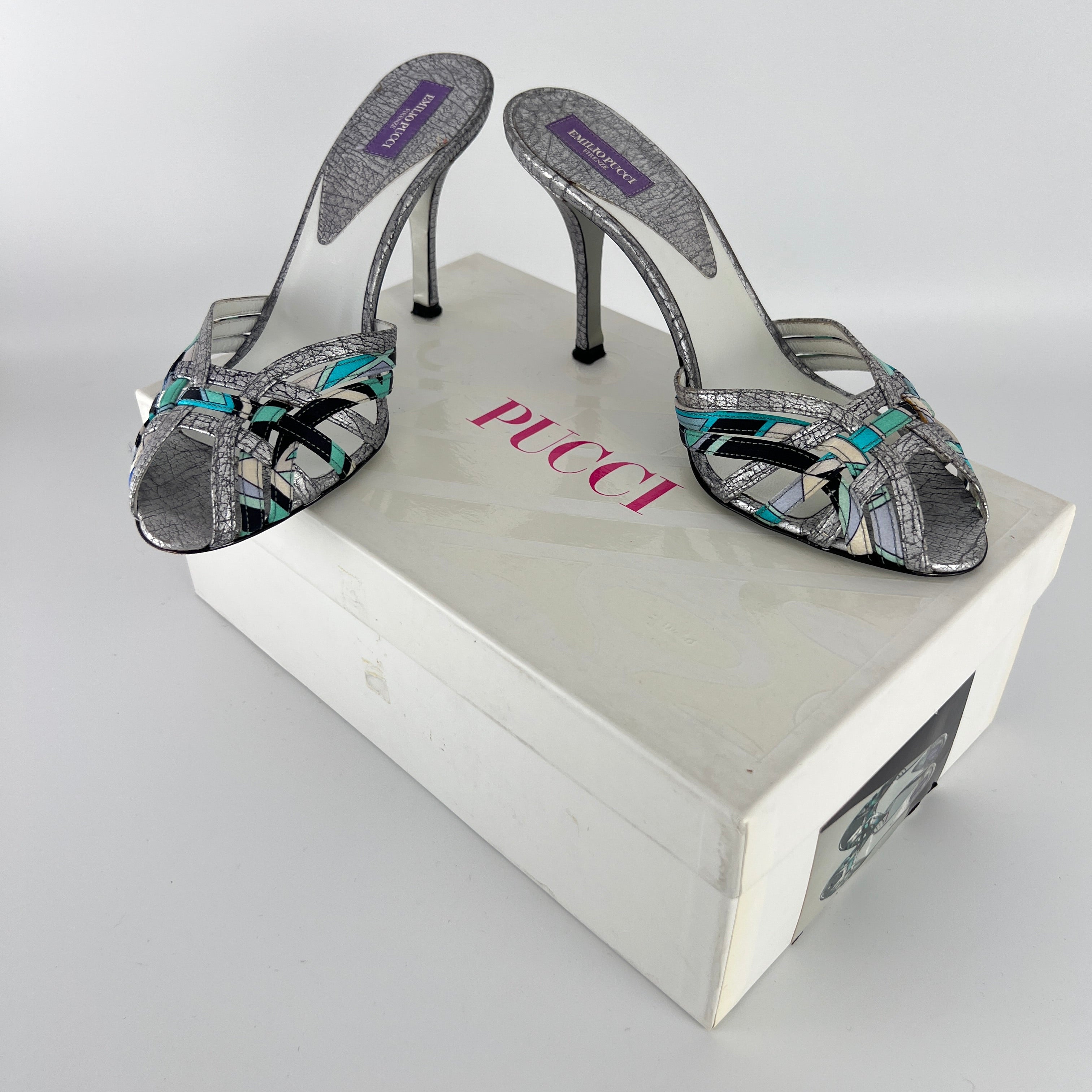Emilio Pucci | Vintage Y2K Blue Metallic Silver Stiletto Mules (36)