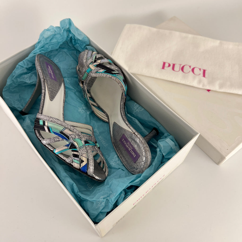 Emilio Pucci | Vintage Y2K Blue Metallic Silver Stiletto Mules (36)