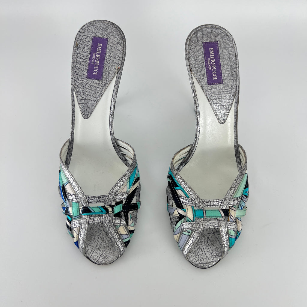 Emilio Pucci | Vintage Y2K Blue Metallic Silver Stiletto Mules (36)