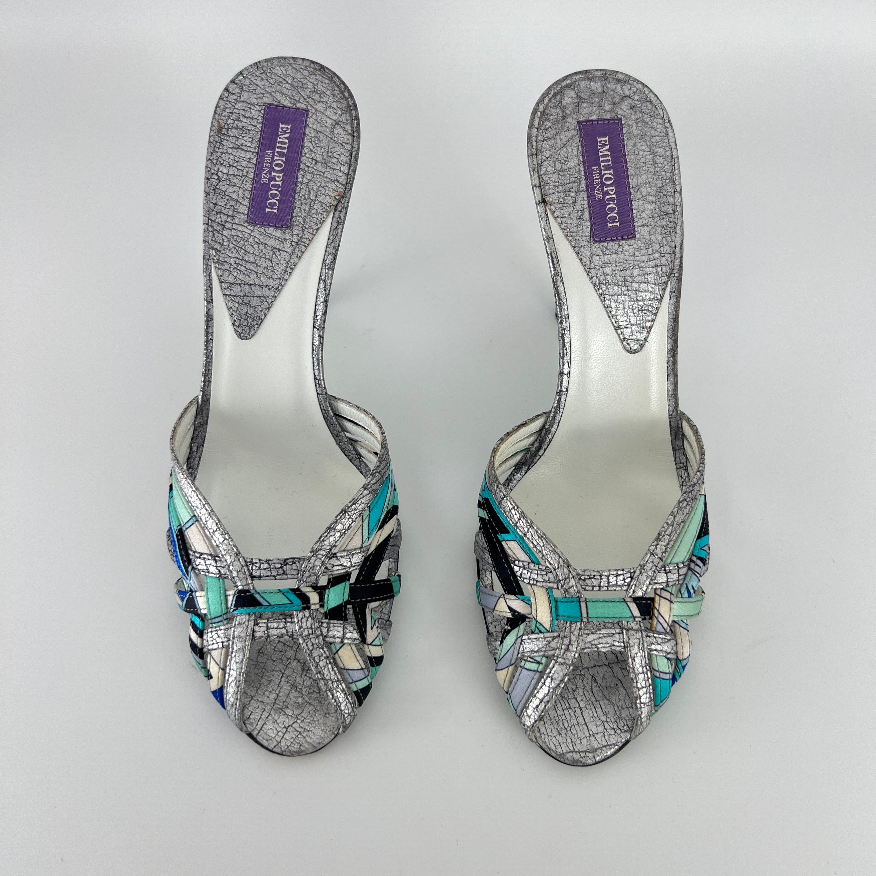 Emilio Pucci | Vintage Y2K Blue Metallic Silver Stiletto Mules (36)
