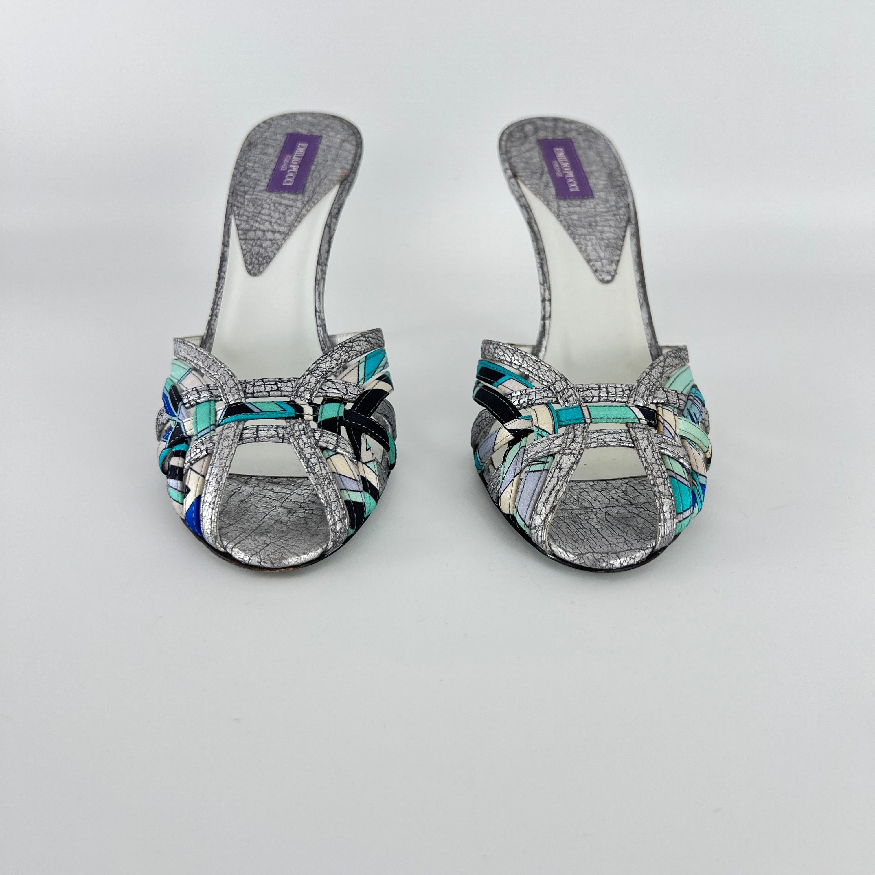 Emilio Pucci | Vintage Y2K Blue Metallic Silver Stiletto Mules (36)