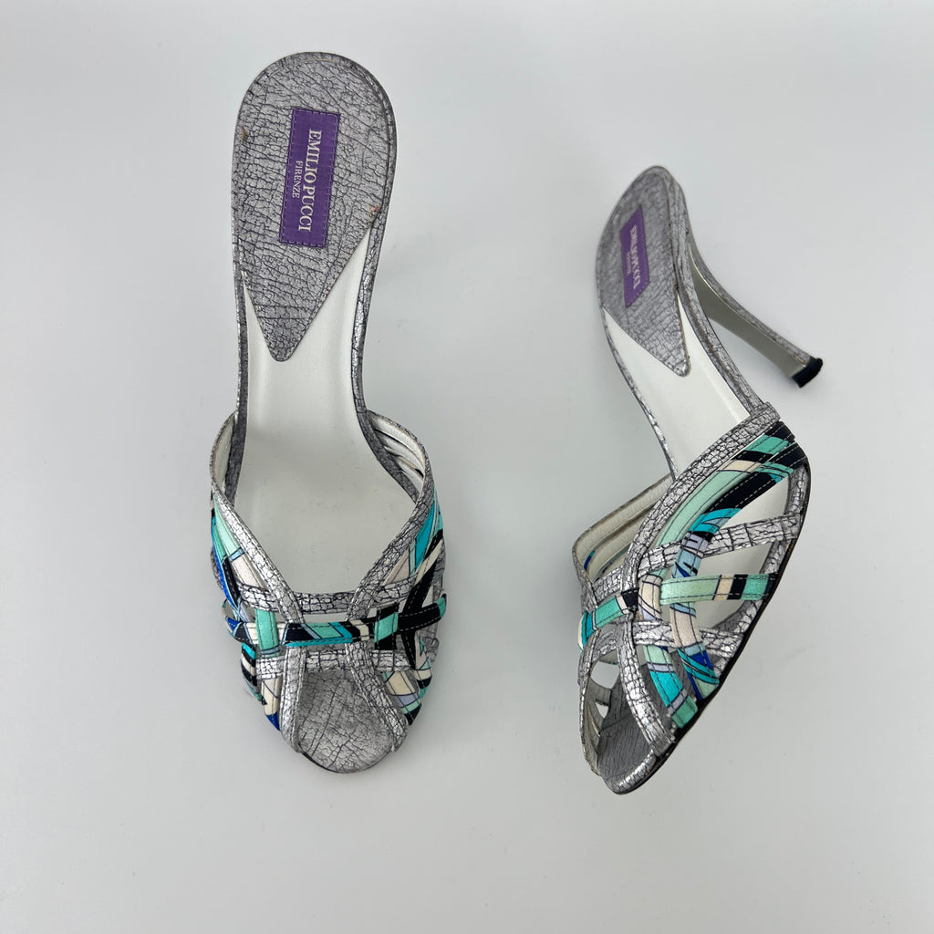 Emilio Pucci | Vintage Y2K Blue Metallic Silver Stiletto Mules (36)