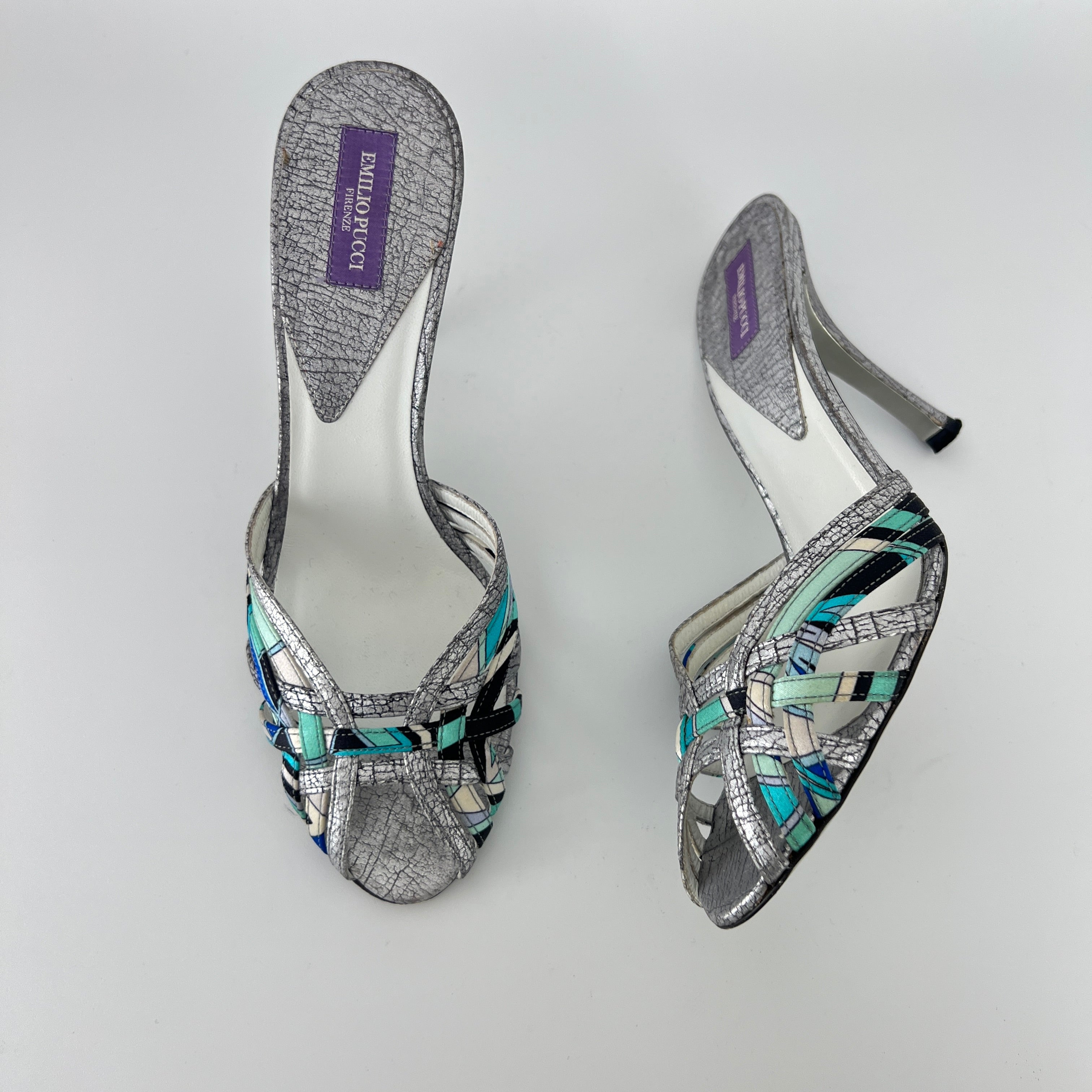 Emilio Pucci | Vintage Y2K Blue Metallic Silver Stiletto Mules (36)