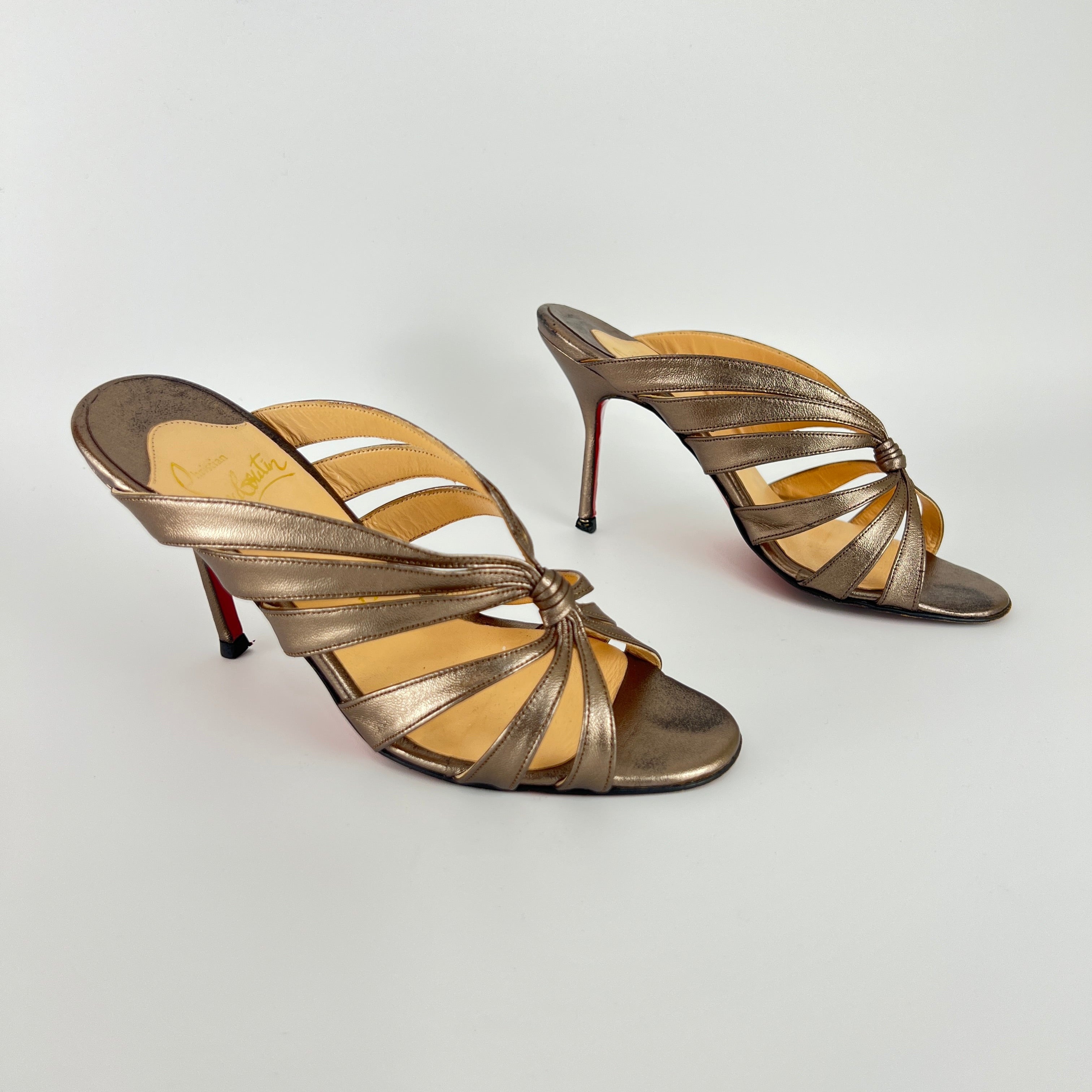 Louboutin | Rose Gold Metallic Leather Twist Strappy Sandal Mule Heels (36)