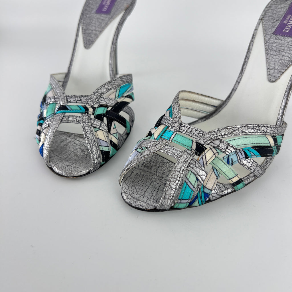 Emilio Pucci | Vintage Y2K Blue Metallic Silver Stiletto Mules (36)