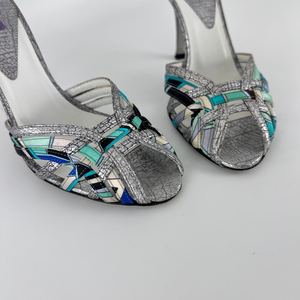 Emilio Pucci | Vintage Y2K Blue Metallic Silver Stiletto Mules (36)