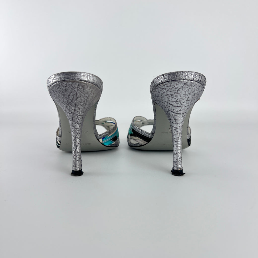 Emilio Pucci | Vintage Y2K Blue Metallic Silver Stiletto Mules (36)
