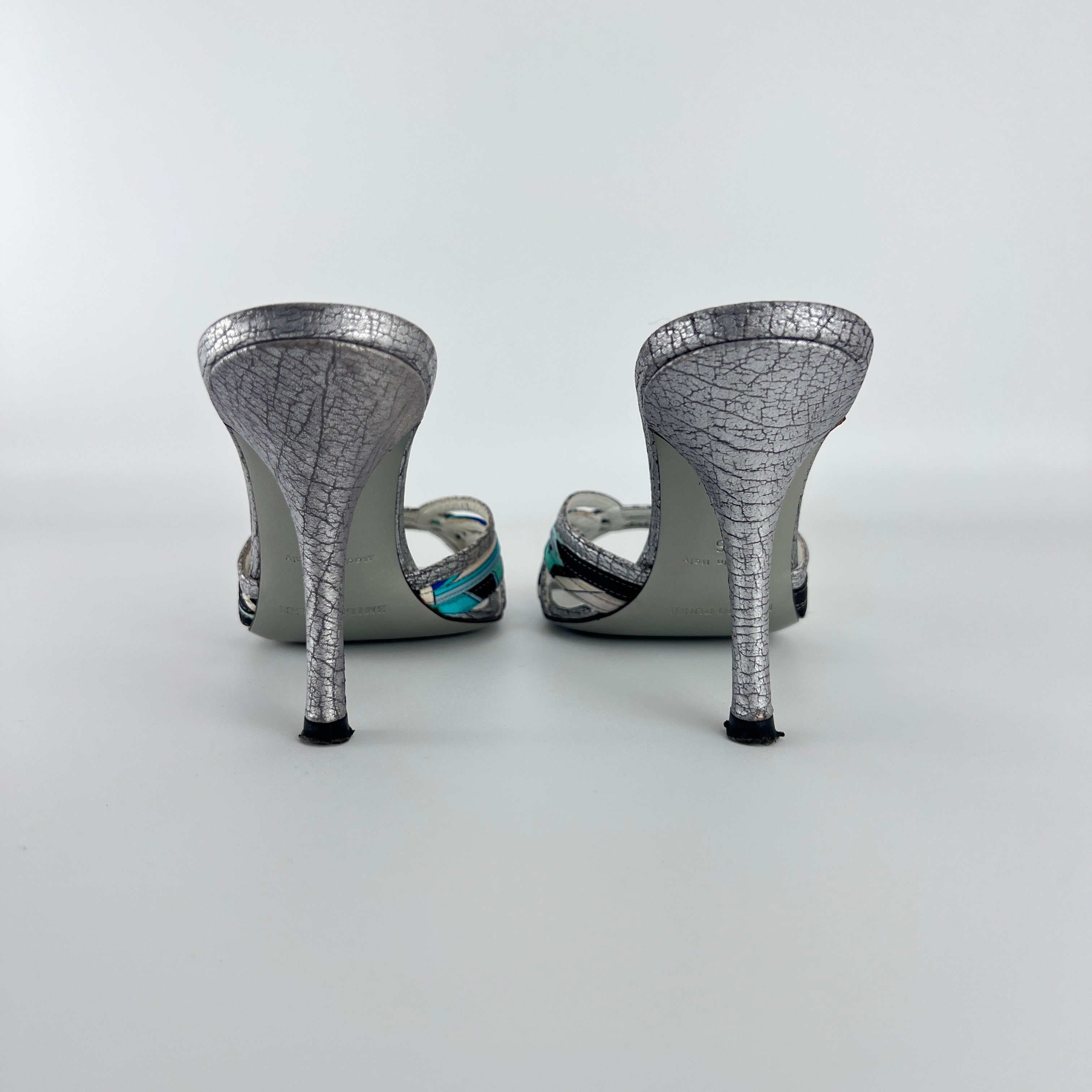 Emilio Pucci | Vintage Y2K Blue Metallic Silver Stiletto Mules (36)