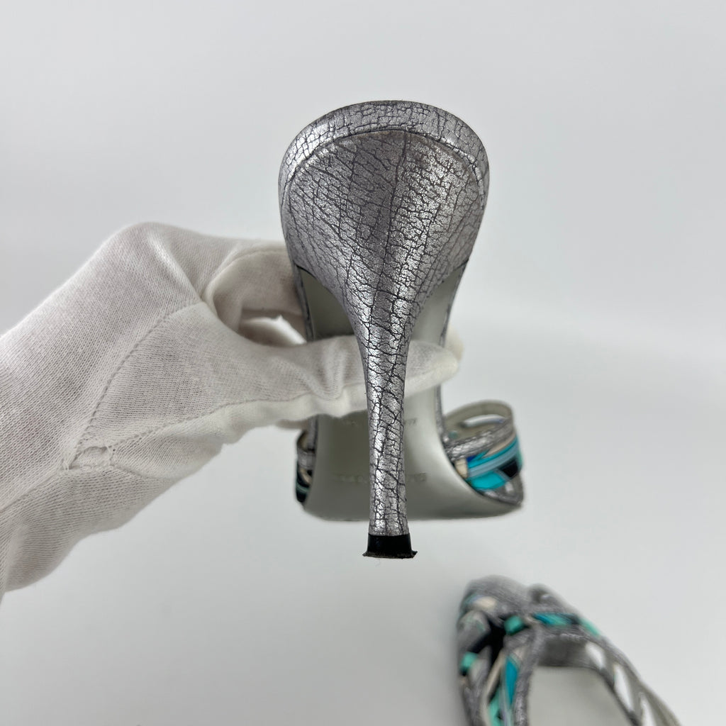 Emilio Pucci | Vintage Y2K Blue Metallic Silver Stiletto Mules (36)