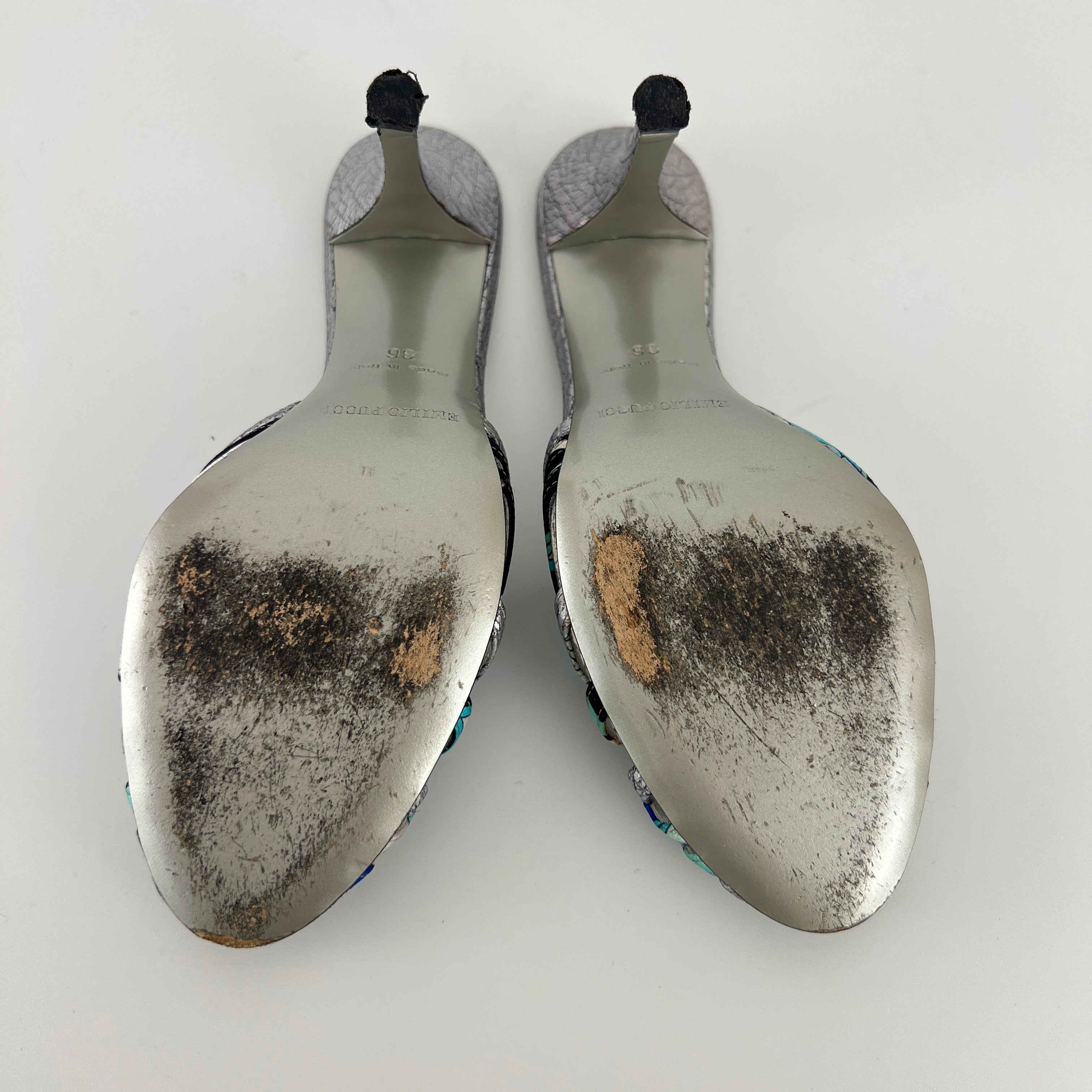 Emilio Pucci | Vintage Y2K Blue Metallic Silver Stiletto Mules (36)