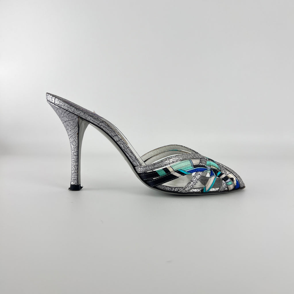 Emilio Pucci | Vintage Y2K Blue Metallic Silver Stiletto Mules (36)