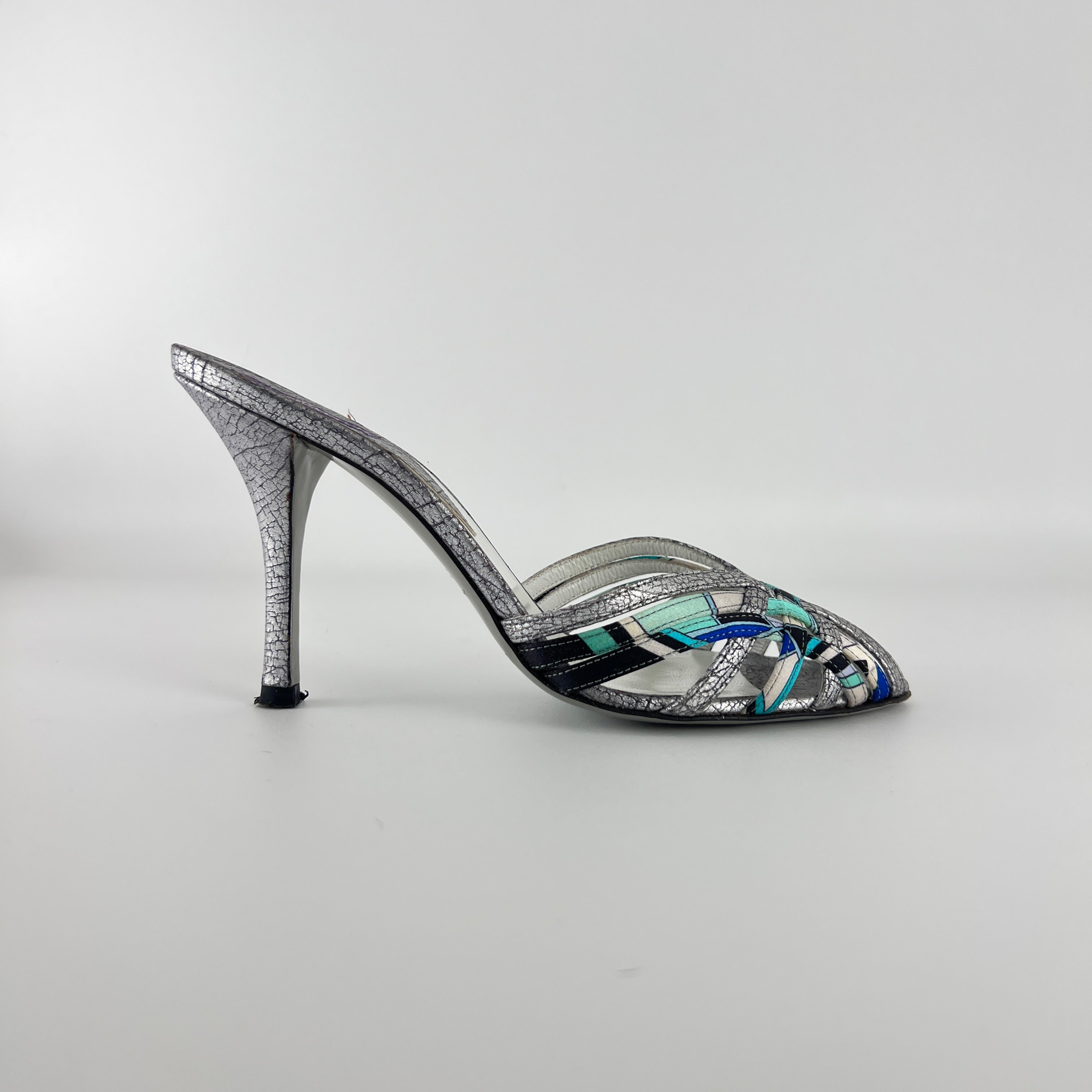 Emilio Pucci | Vintage Y2K Blue Metallic Silver Stiletto Mules (36)
