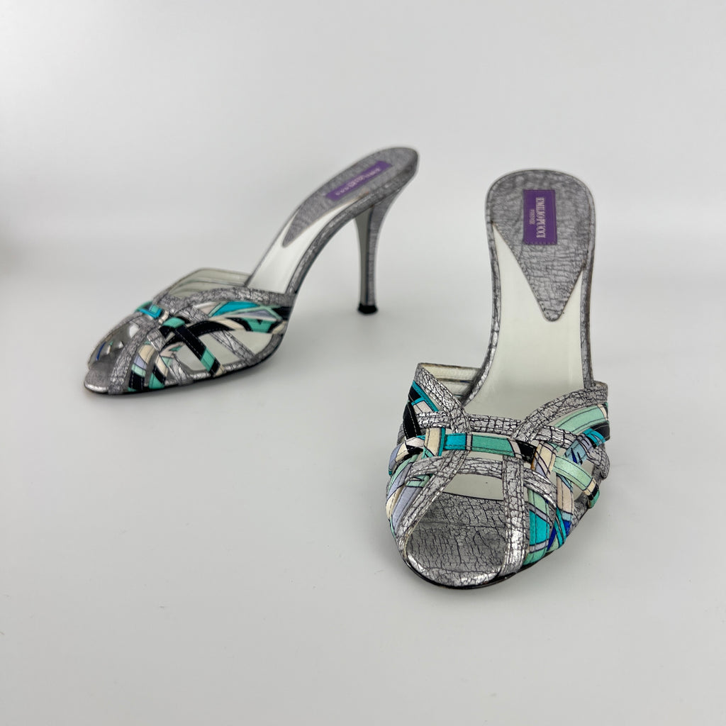 Emilio Pucci | Vintage Y2K Blue Metallic Silver Stiletto Mules (36)