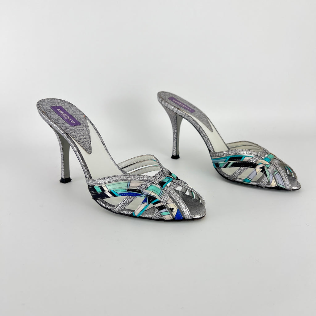 Emilio Pucci | Vintage Y2K Blue Metallic Silver Stiletto Mules (36)
