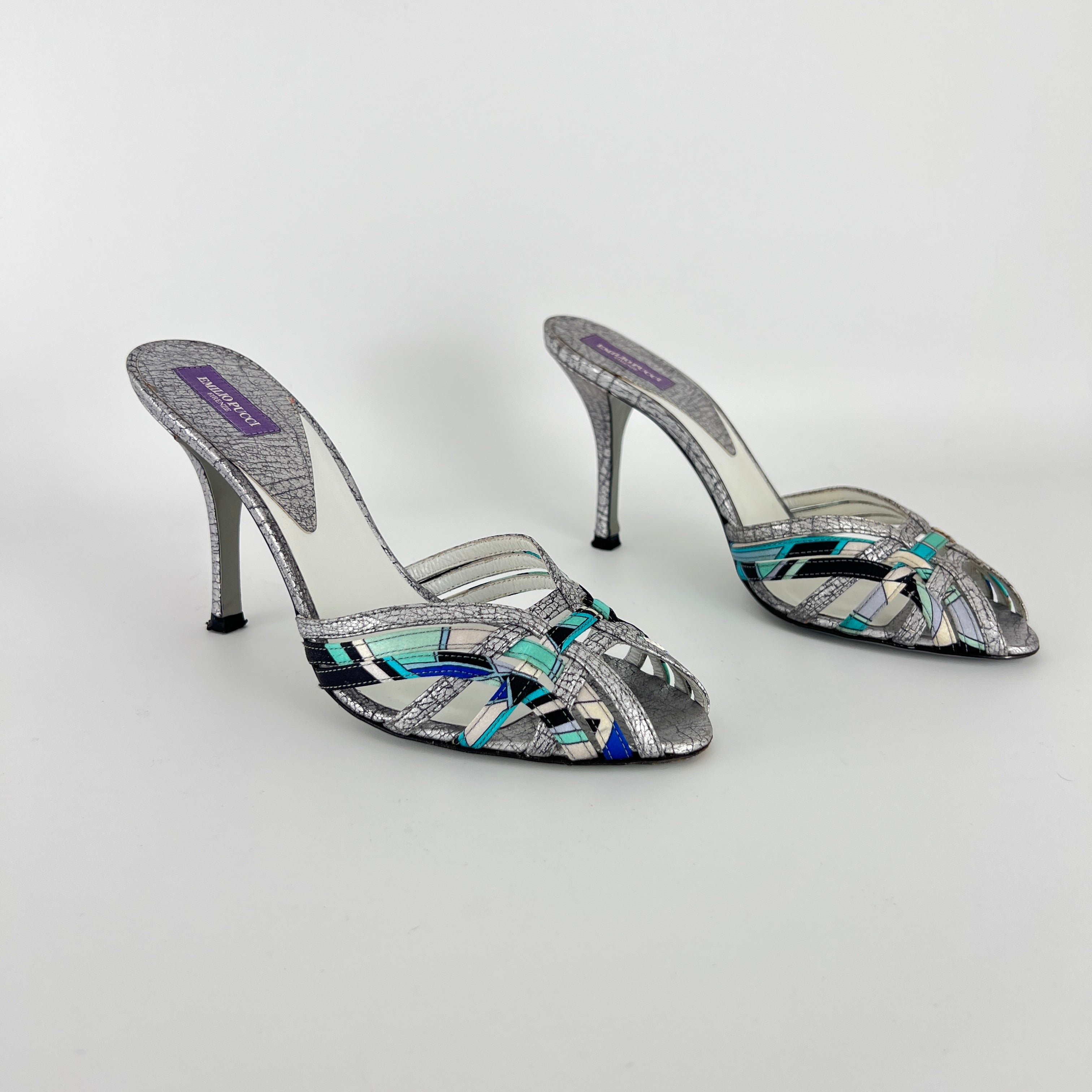Emilio Pucci | Vintage Y2K Blue Metallic Silver Stiletto Mules (36)