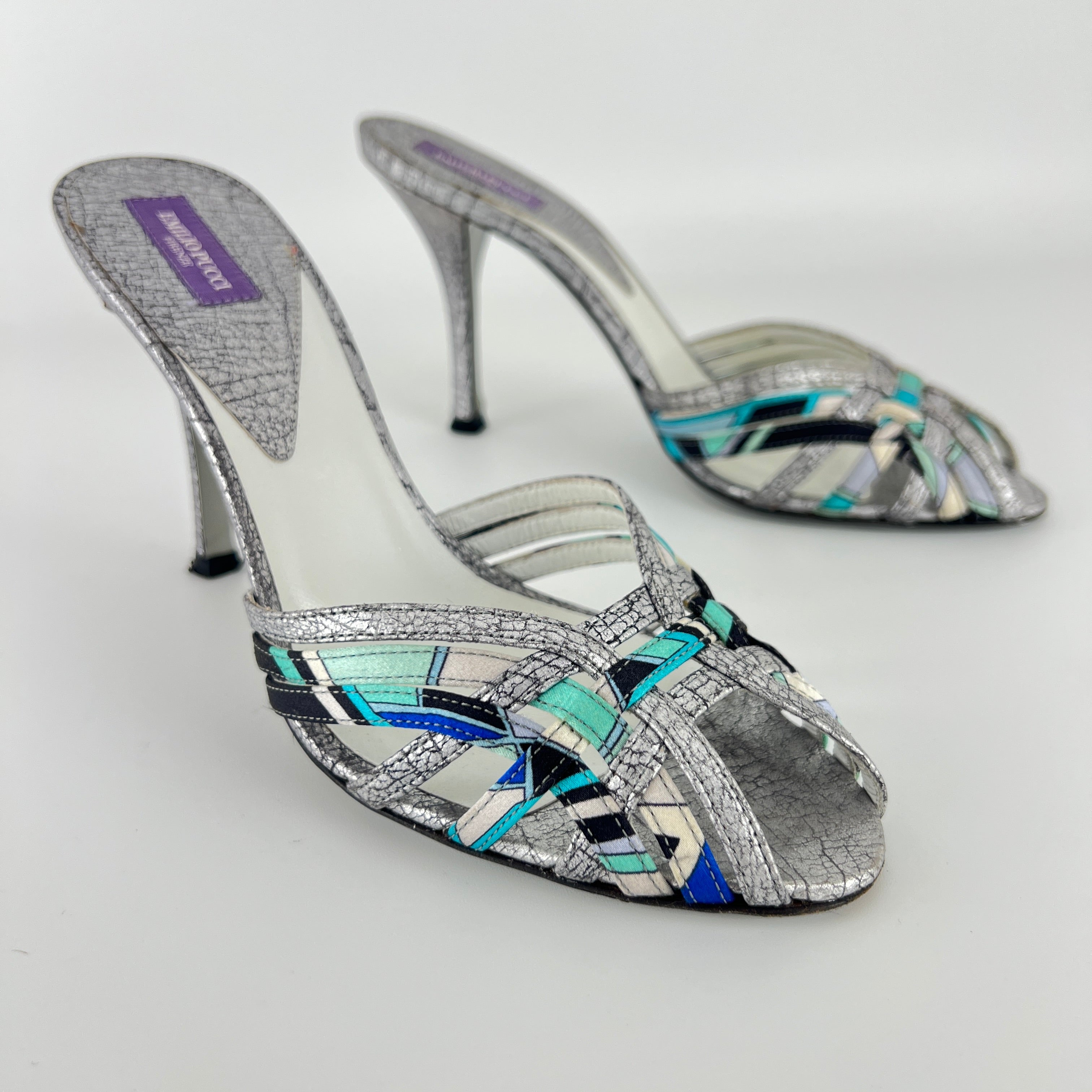 Emilio Pucci | Vintage Y2K Blue Metallic Silver Stiletto Mules (36)