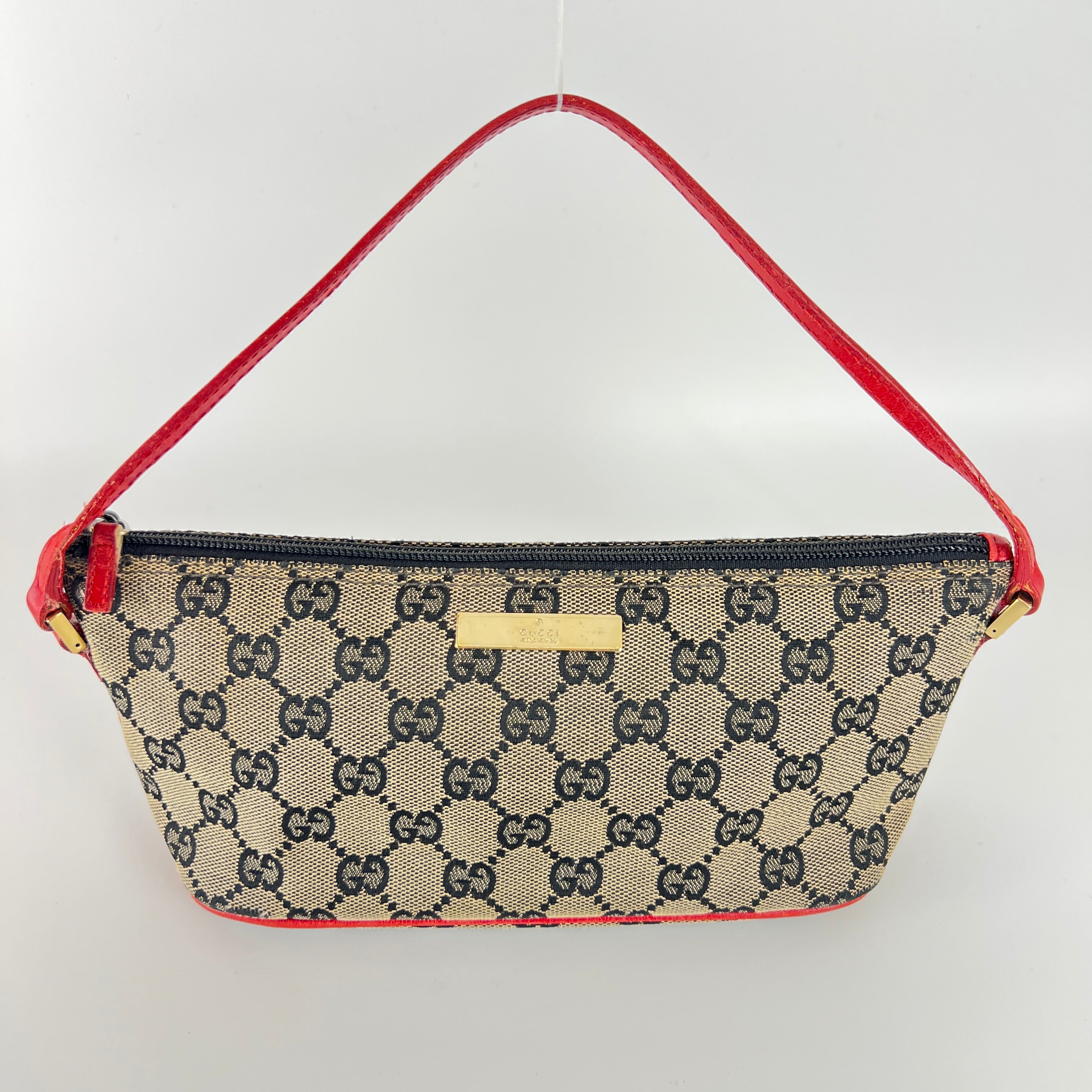 Gucci | Tom Ford Era Boat Pochette GG Monogram Beige Canvas Red Leather Bag