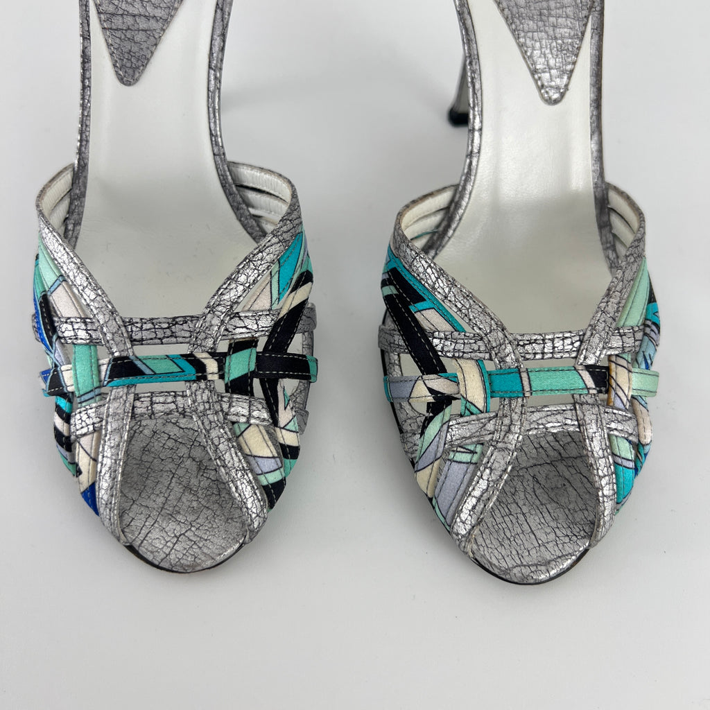 Emilio Pucci | Vintage Y2K Blue Metallic Silver Stiletto Mules (36)