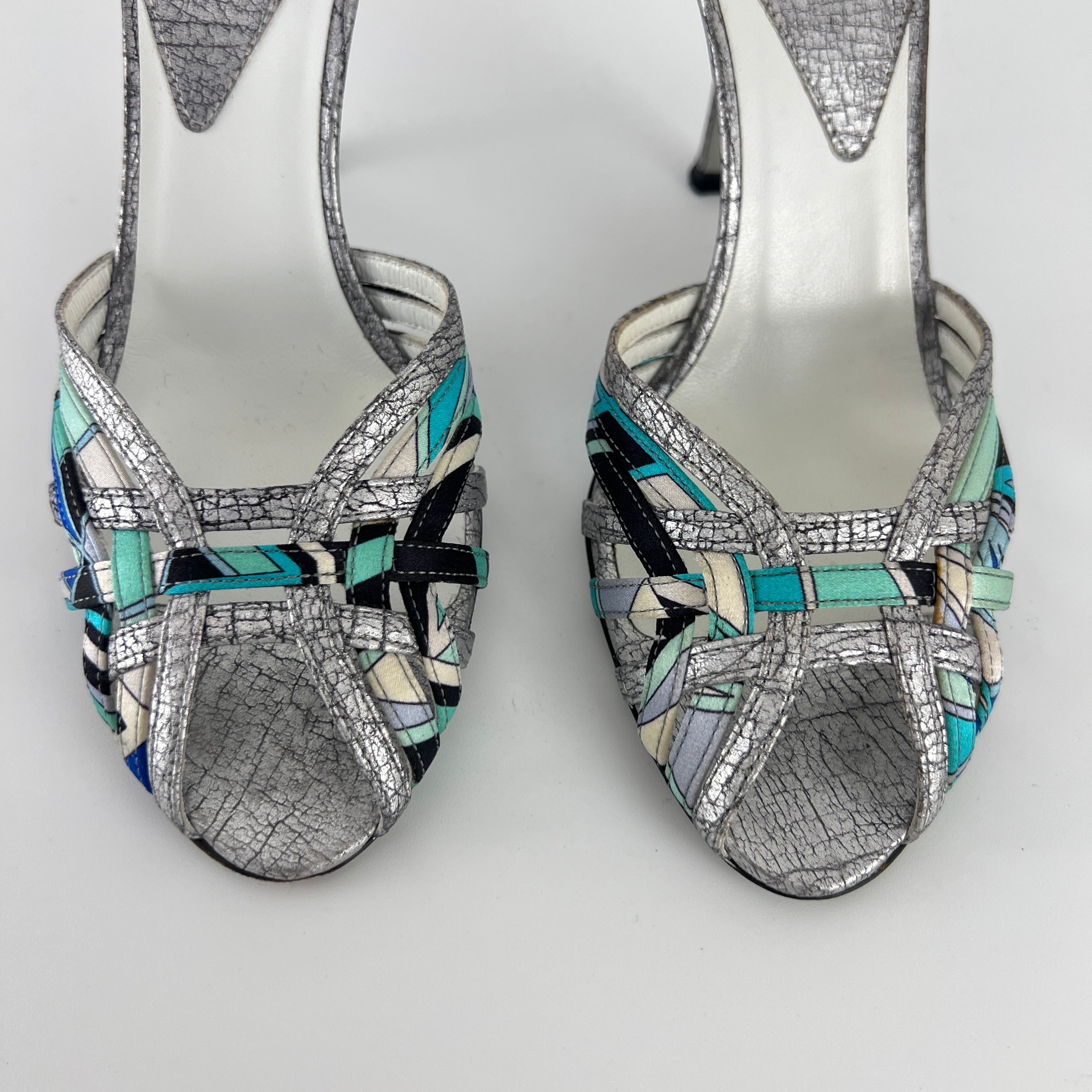 Emilio Pucci | Vintage Y2K Blue Metallic Silver Stiletto Mules (36)