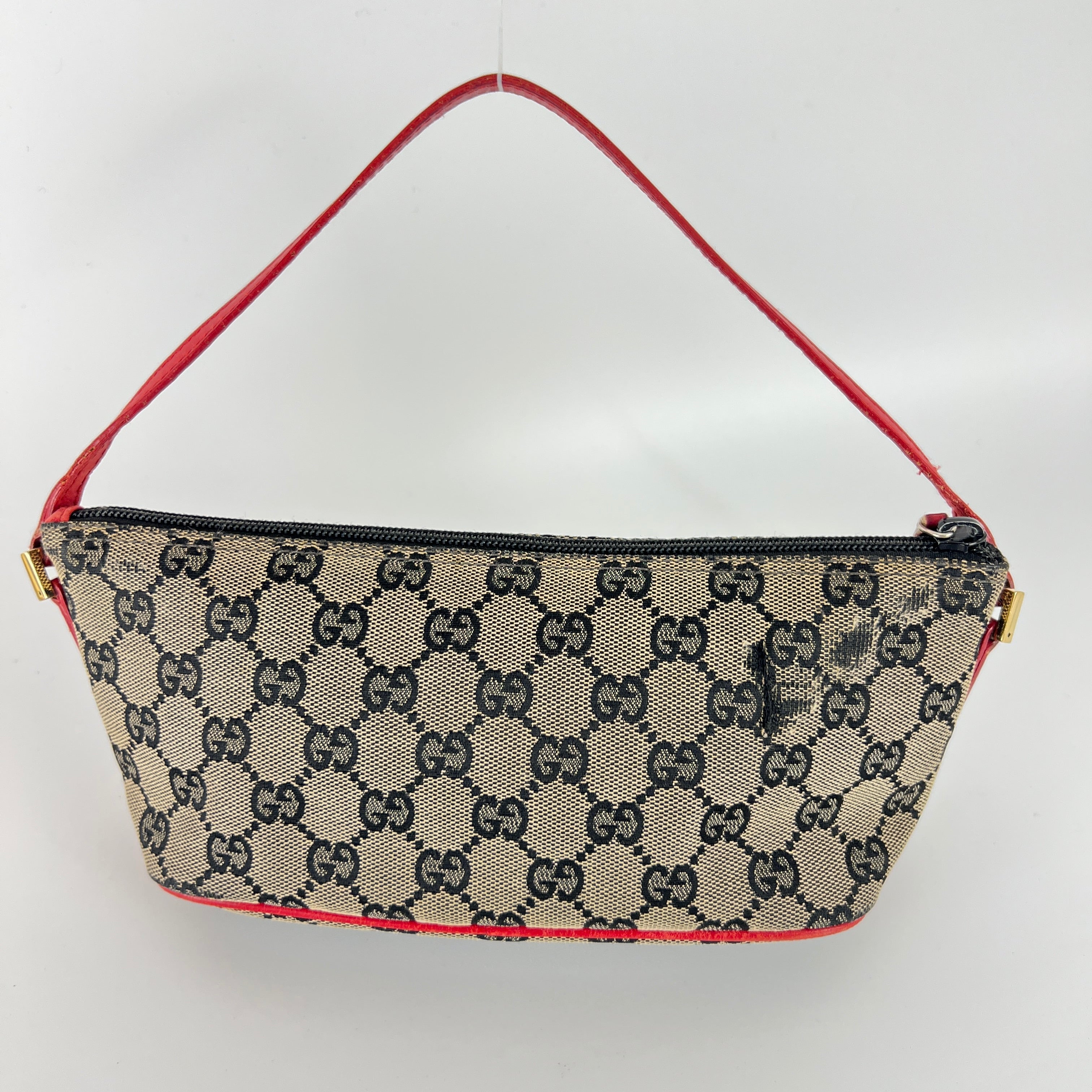 Gucci | Tom Ford Era Boat Pochette GG Monogram Beige Canvas Red Leather Bag