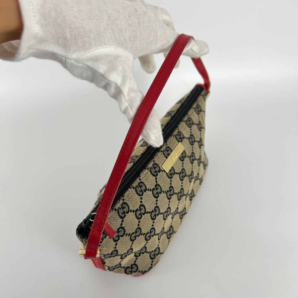 Gucci | Tom Ford Era Boat Pochette GG Monogram Beige Canvas Red Leather Bag