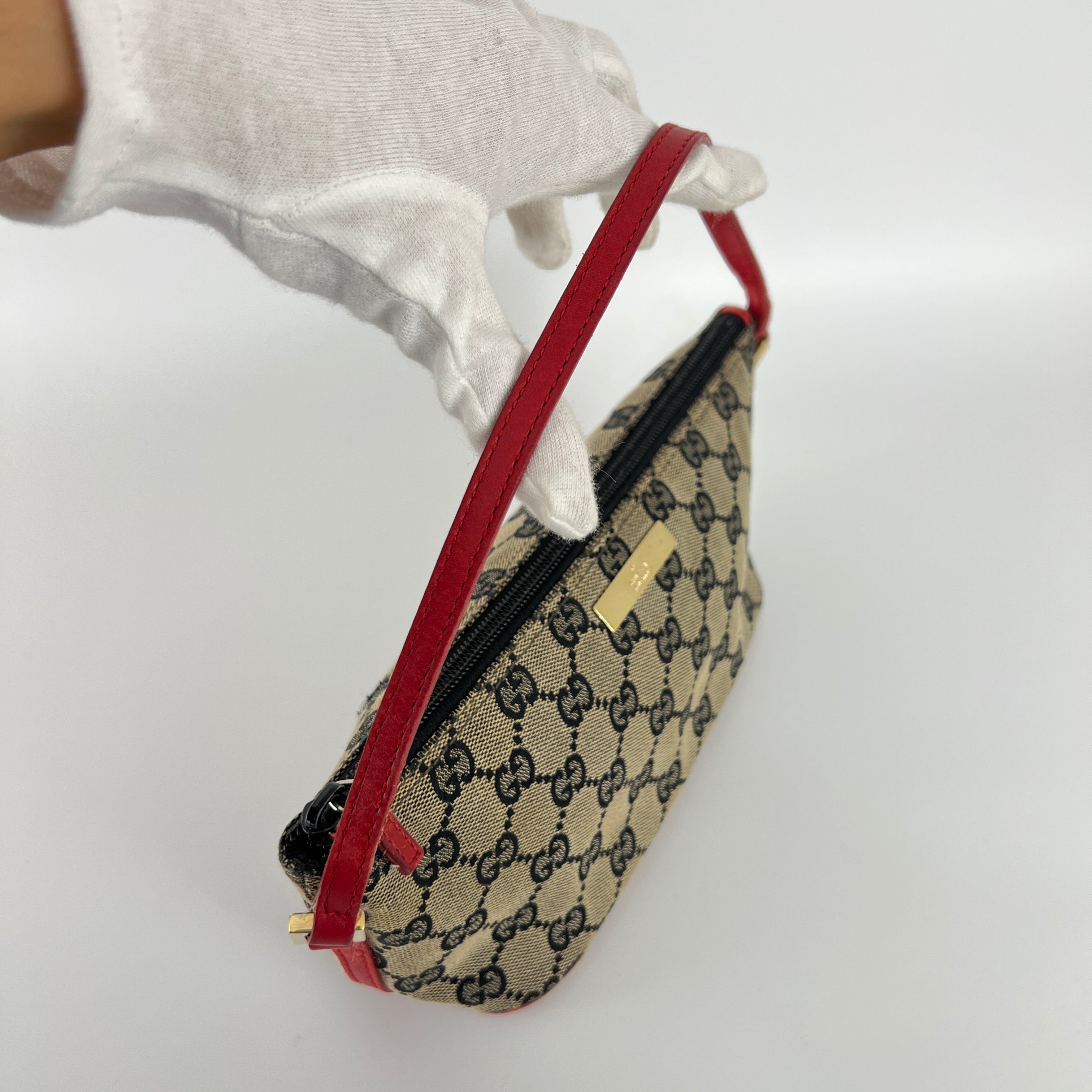 Gucci | Tom Ford Era Boat Pochette GG Monogram Beige Canvas Red Leather Bag
