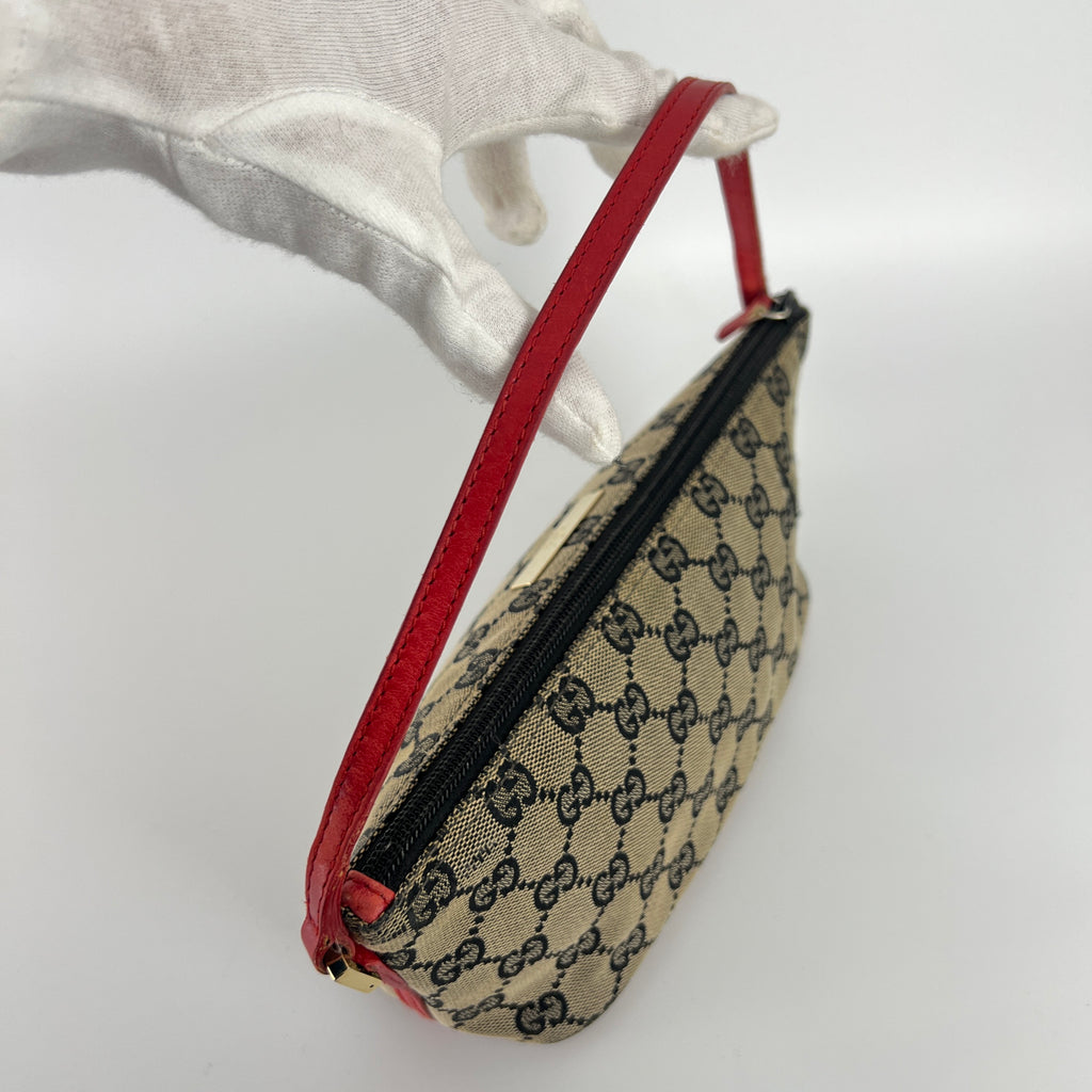 Gucci | Tom Ford Era Boat Pochette GG Monogram Beige Canvas Red Leather Bag