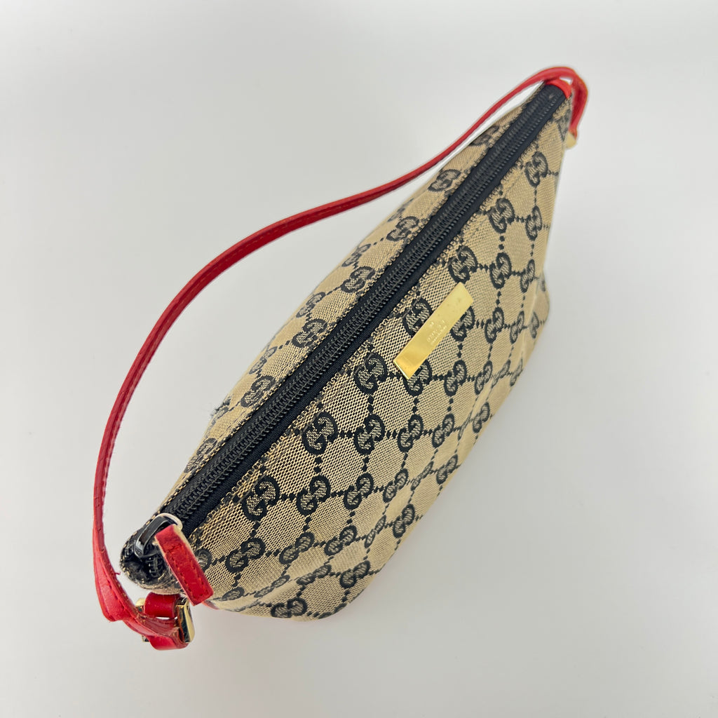 Gucci | Tom Ford Era Boat Pochette GG Monogram Beige Canvas Red Leather Bag