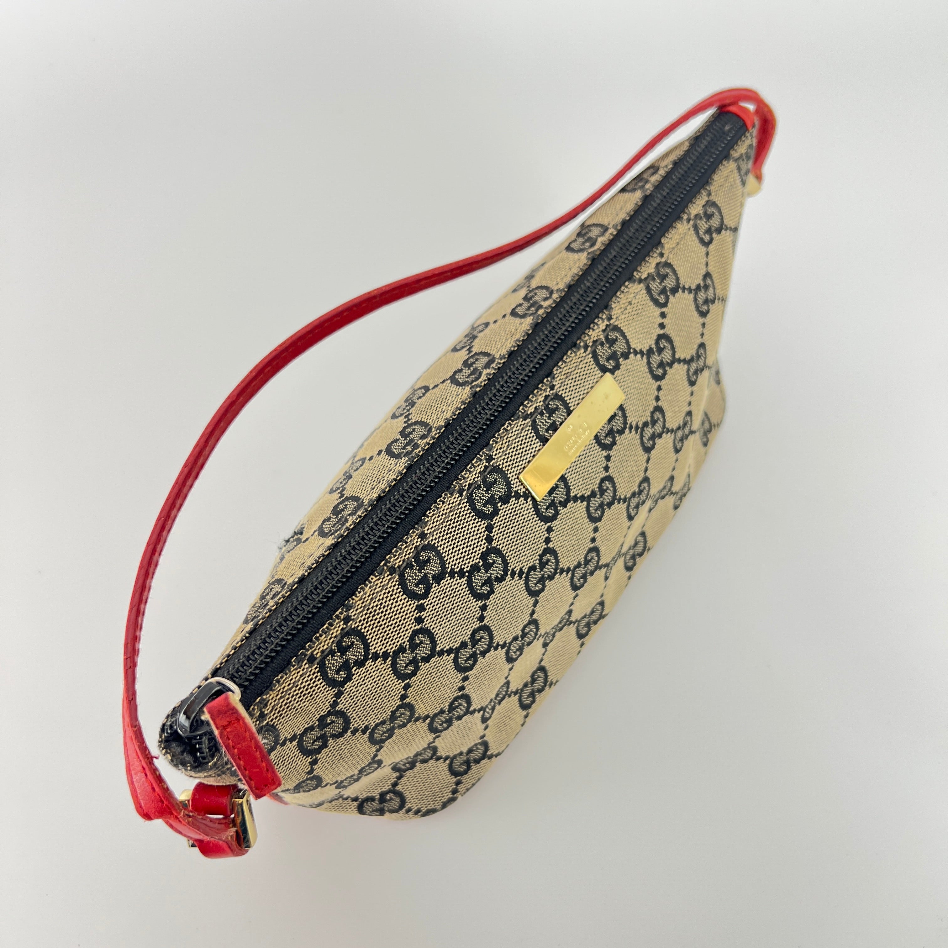 Gucci | Tom Ford Era Boat Pochette GG Monogram Beige Canvas Red Leather Bag