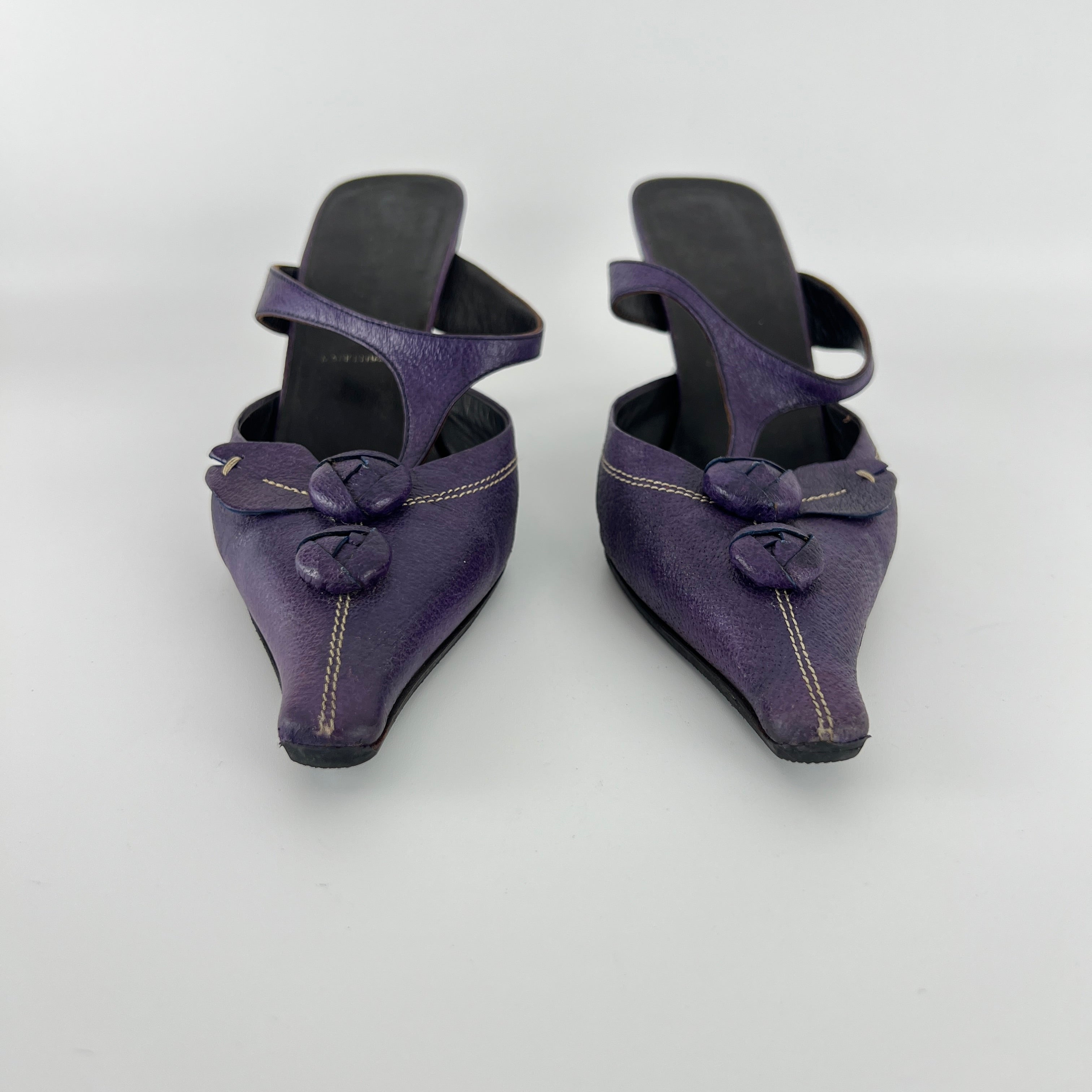 Prada | Archival Pointed Toe Purple Vintage Mid Heel Flower Mules (37)