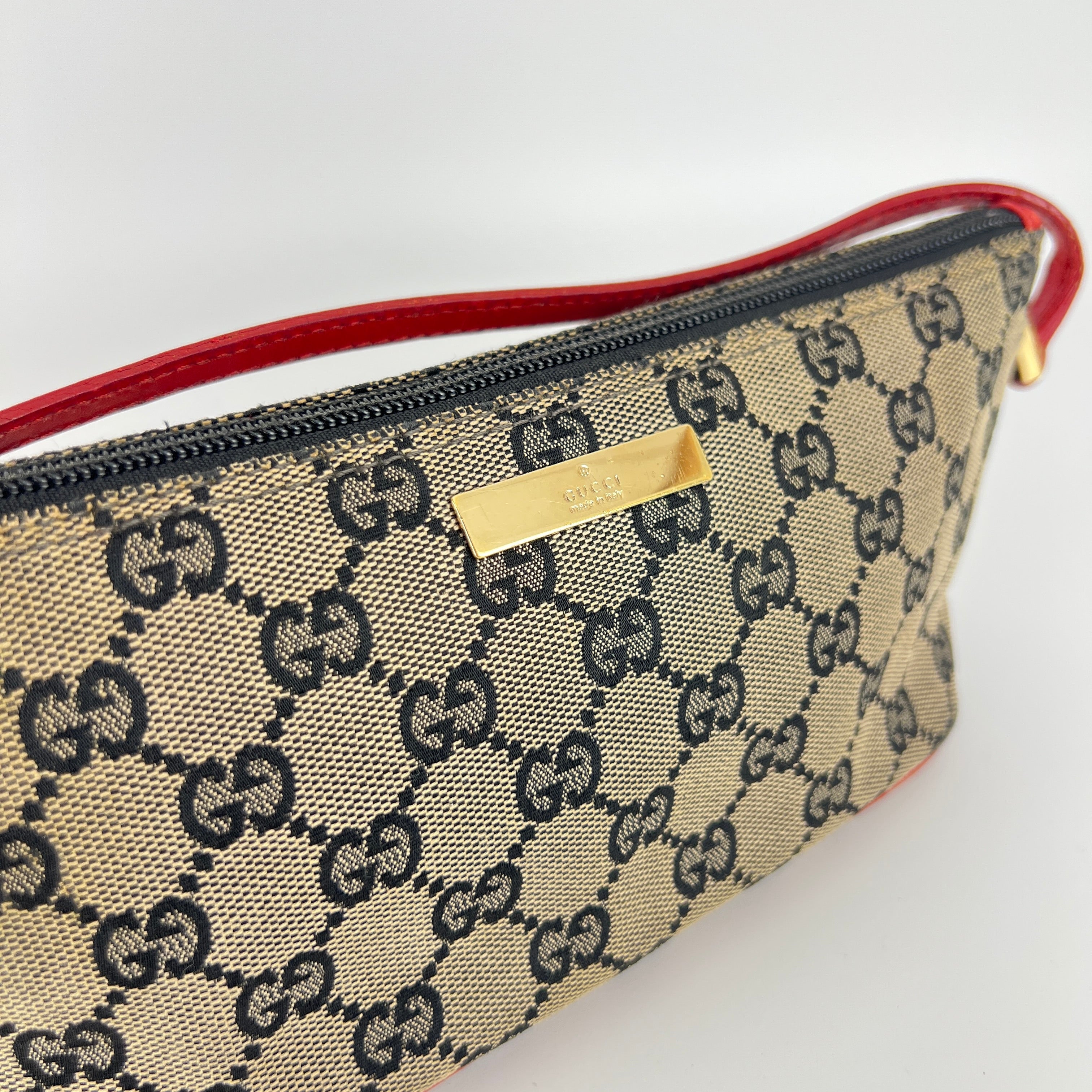 Gucci | Tom Ford Era Boat Pochette GG Monogram Beige Canvas Red Leather Bag