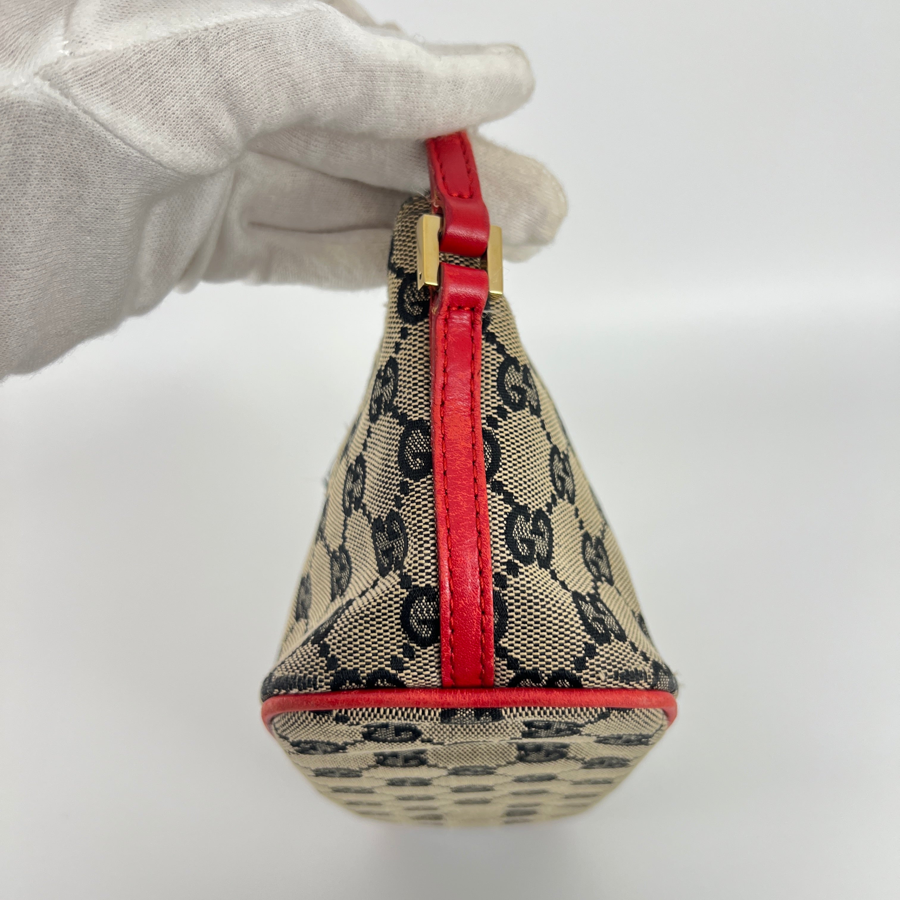Gucci | Tom Ford Era Boat Pochette GG Monogram Beige Canvas Red Leather Bag