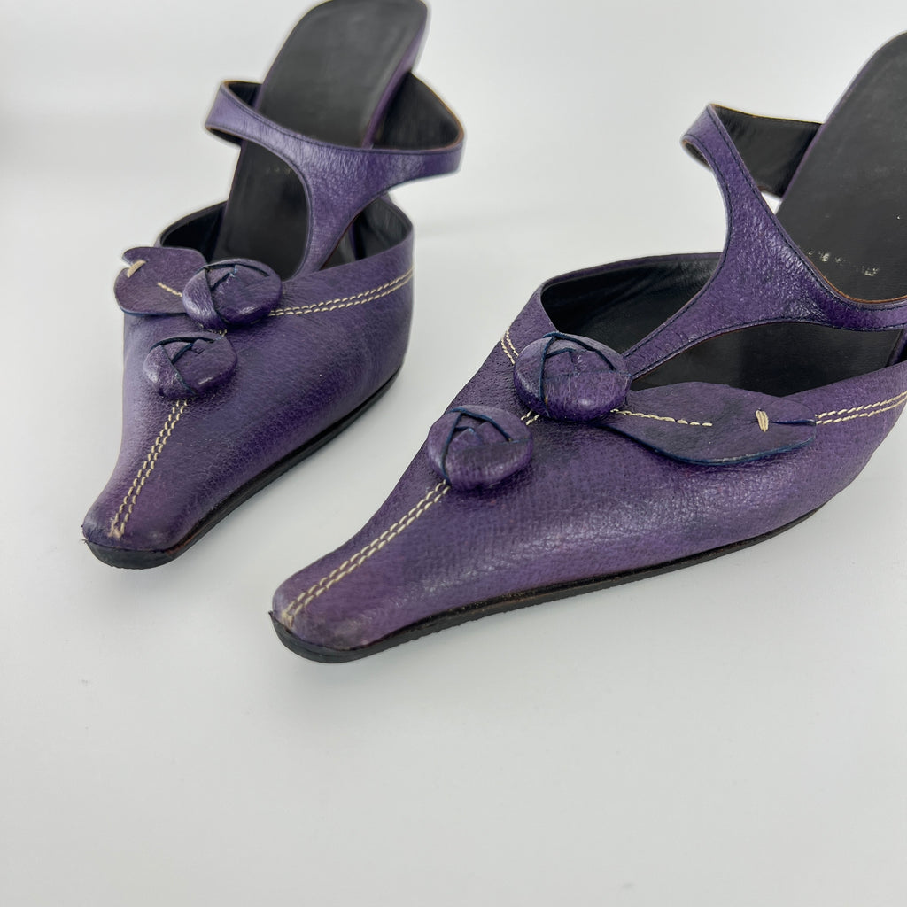 Prada | Archival Pointed Toe Purple Vintage Mid Heel Flower Mules (37)