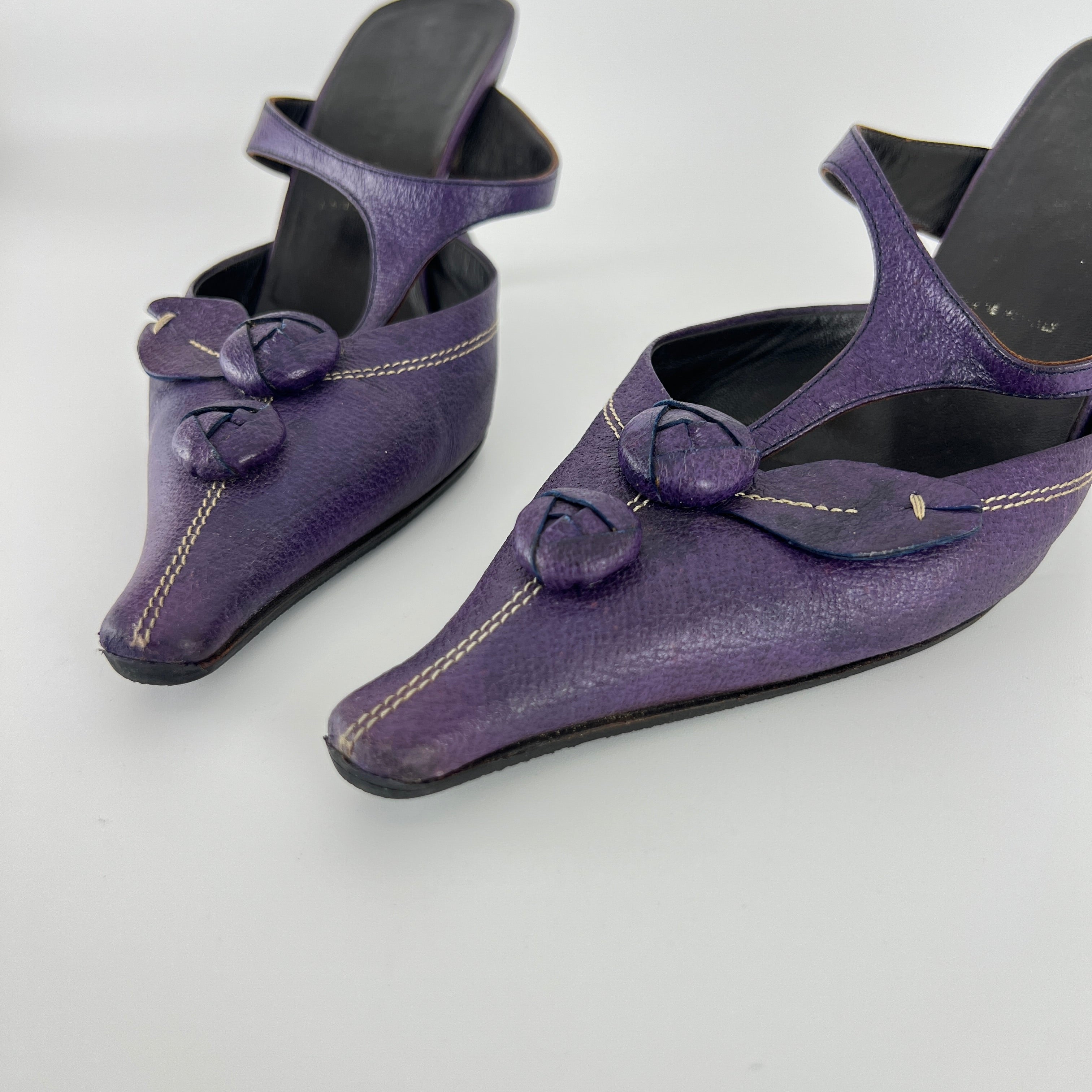 Prada | Archival Pointed Toe Purple Vintage Mid Heel Flower Mules (37)