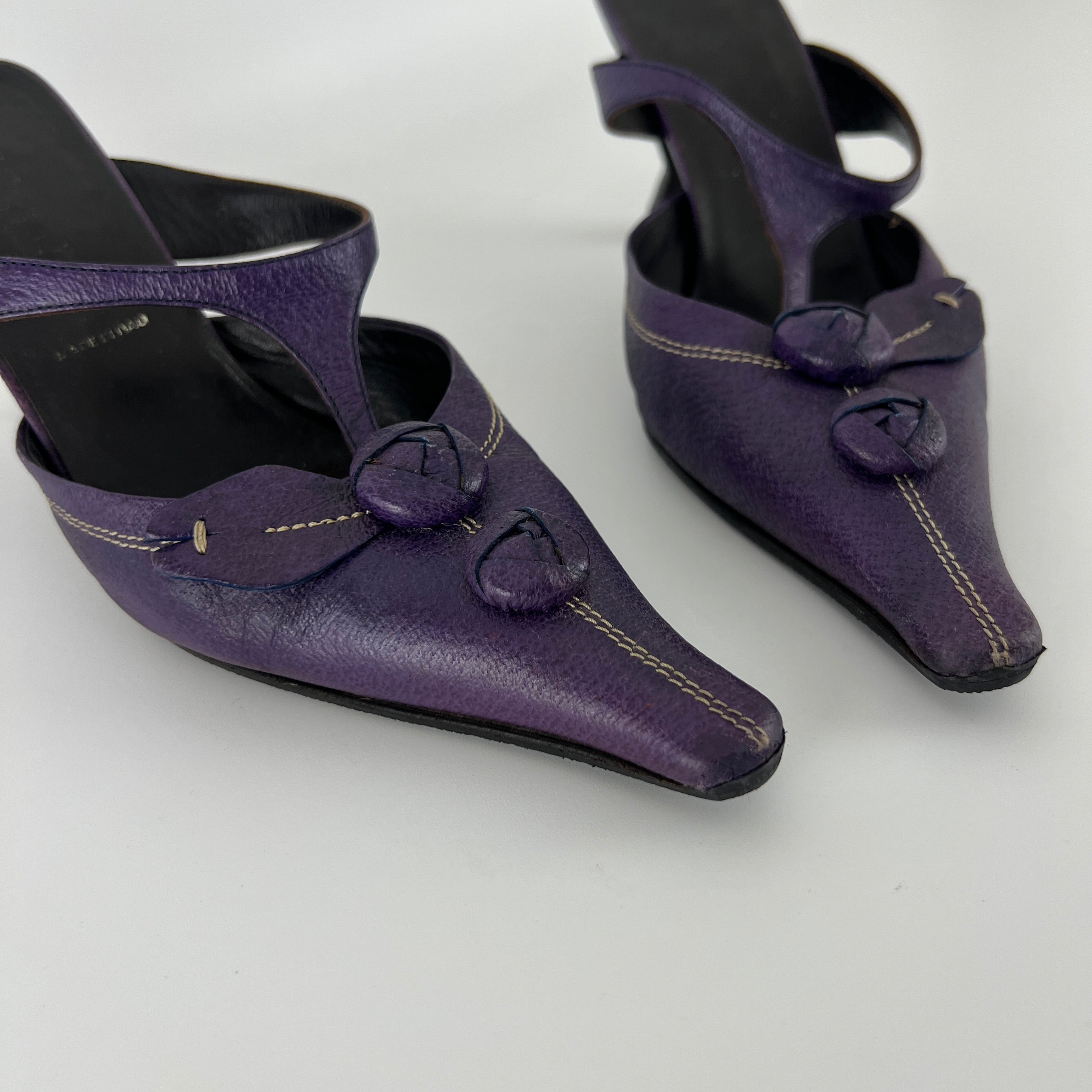 Prada | Archival Pointed Toe Purple Vintage Mid Heel Flower Mules (37)