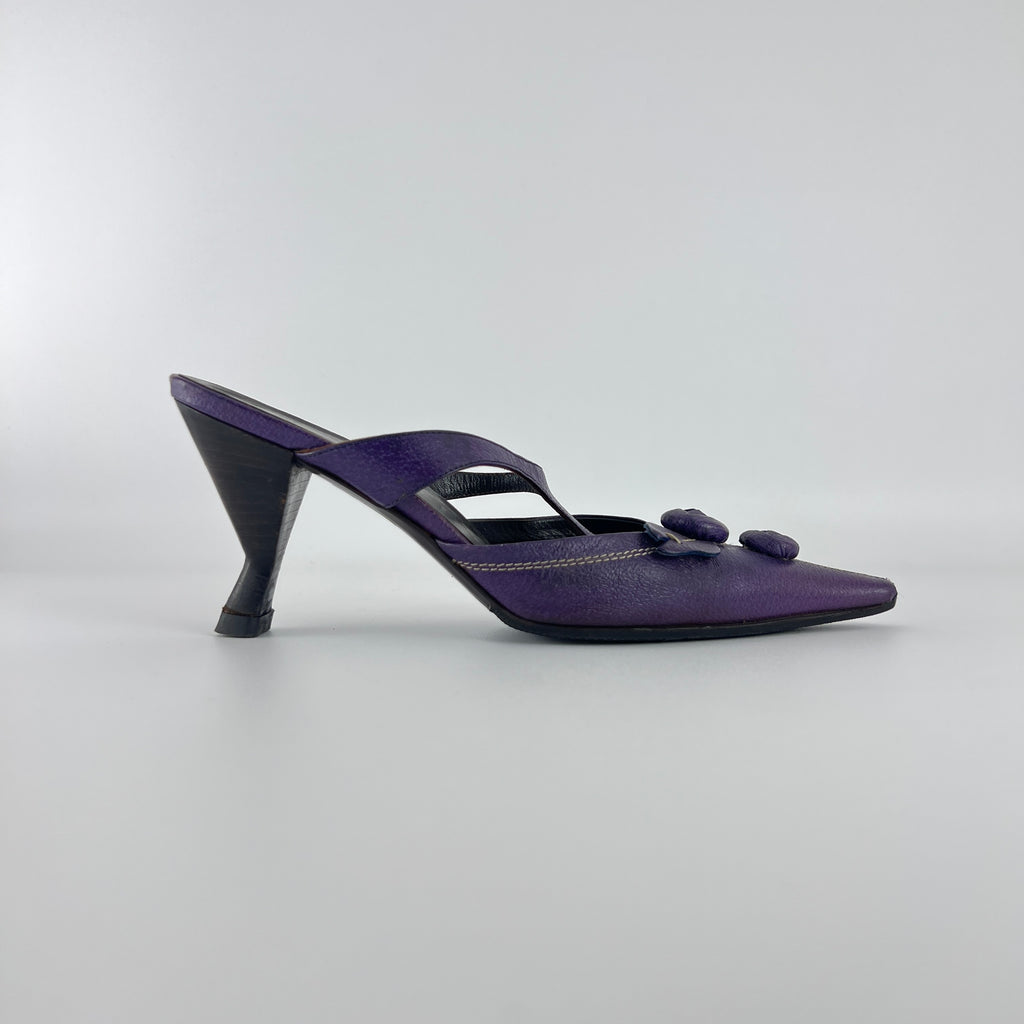 Prada | Archival Pointed Toe Purple Vintage Mid Heel Flower Mules (37)