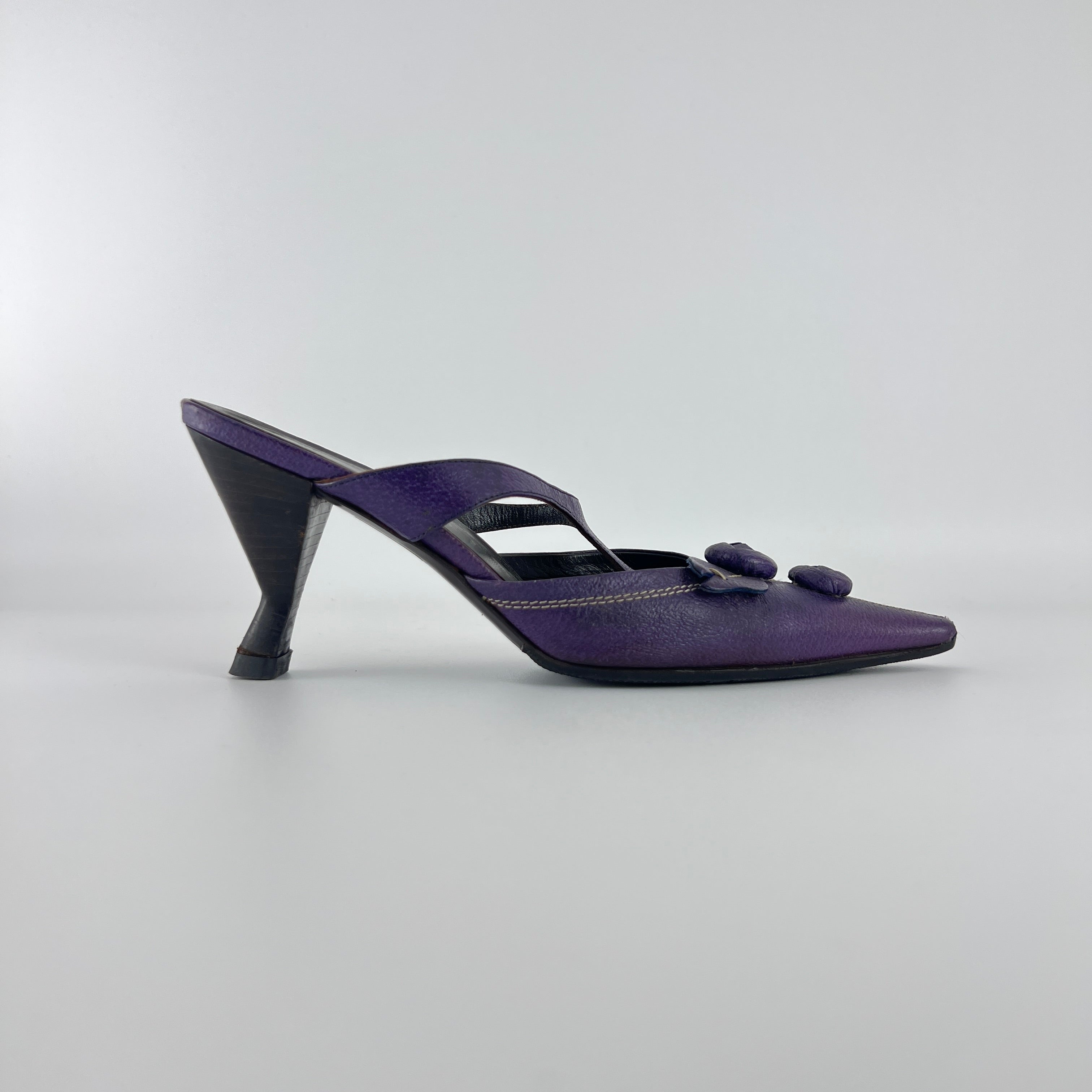 Prada | Archival Pointed Toe Purple Vintage Mid Heel Flower Mules (37)