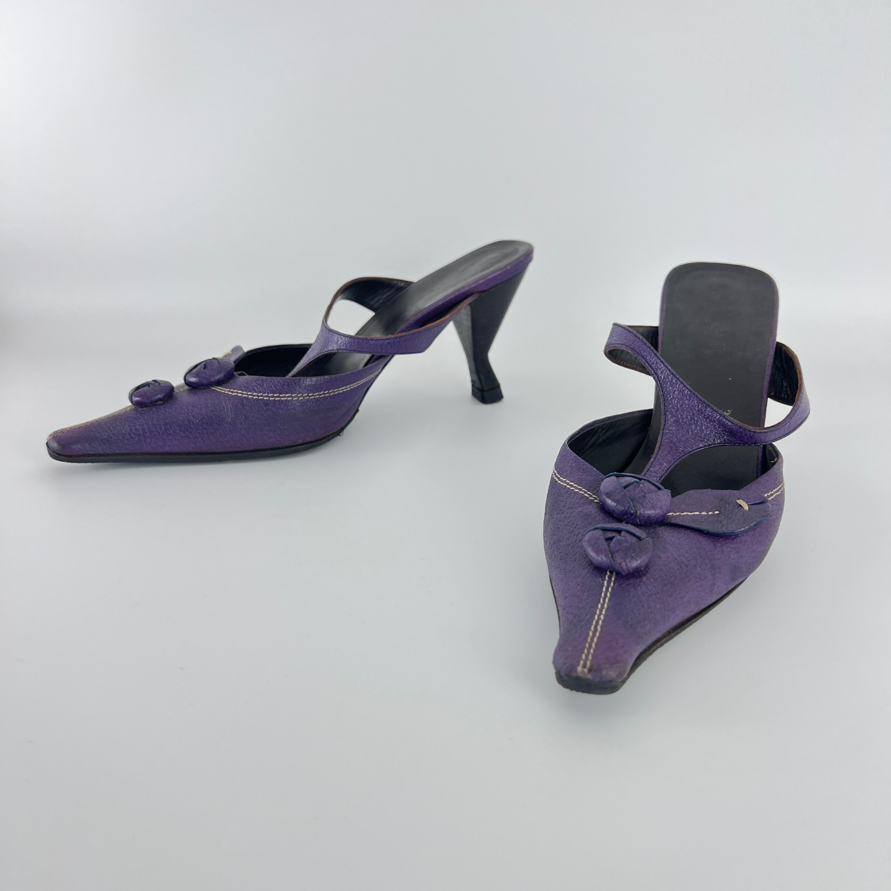 Prada | Archival Pointed Toe Purple Vintage Mid Heel Flower Mules (37)