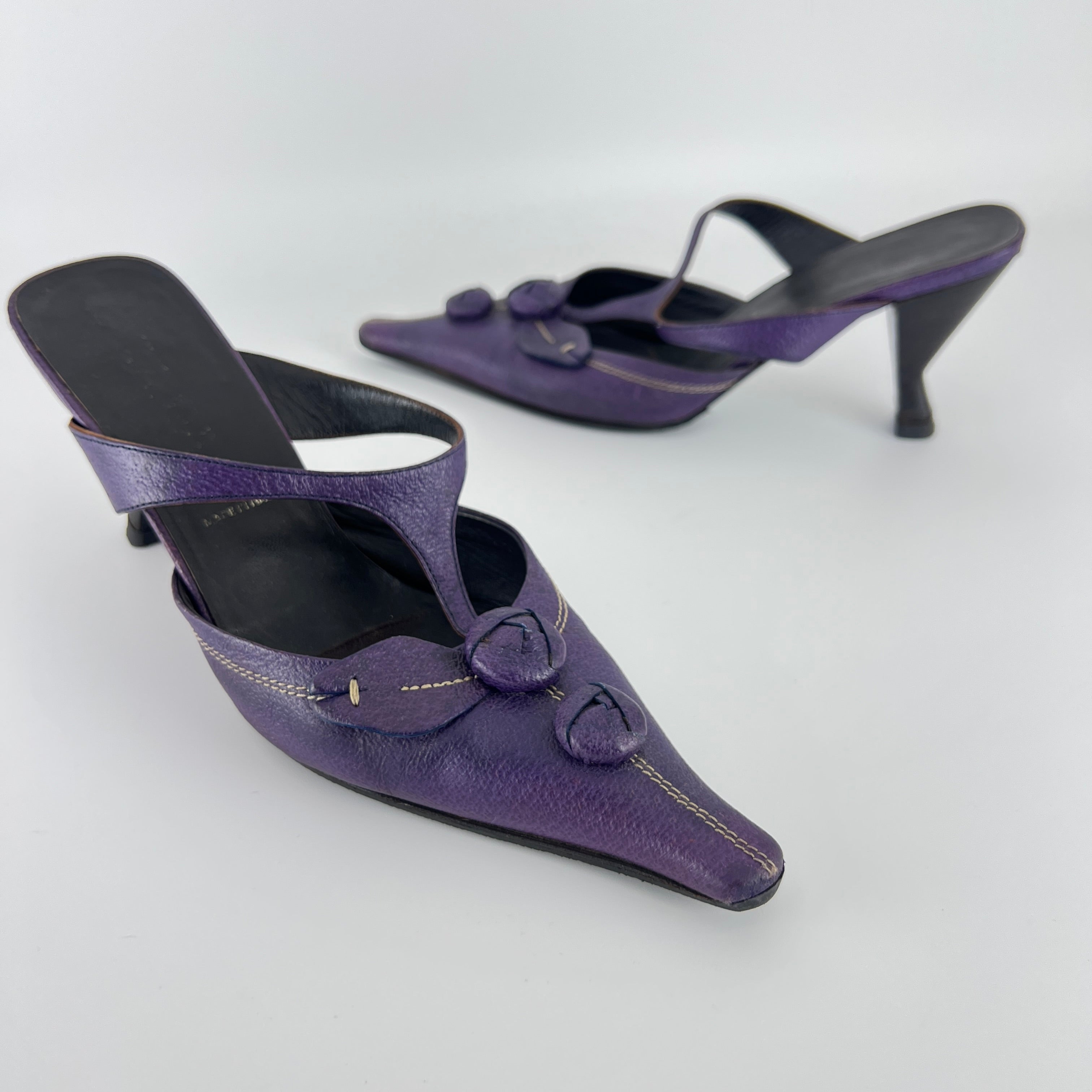 Prada | Archival Pointed Toe Purple Vintage Mid Heel Flower Mules (37)