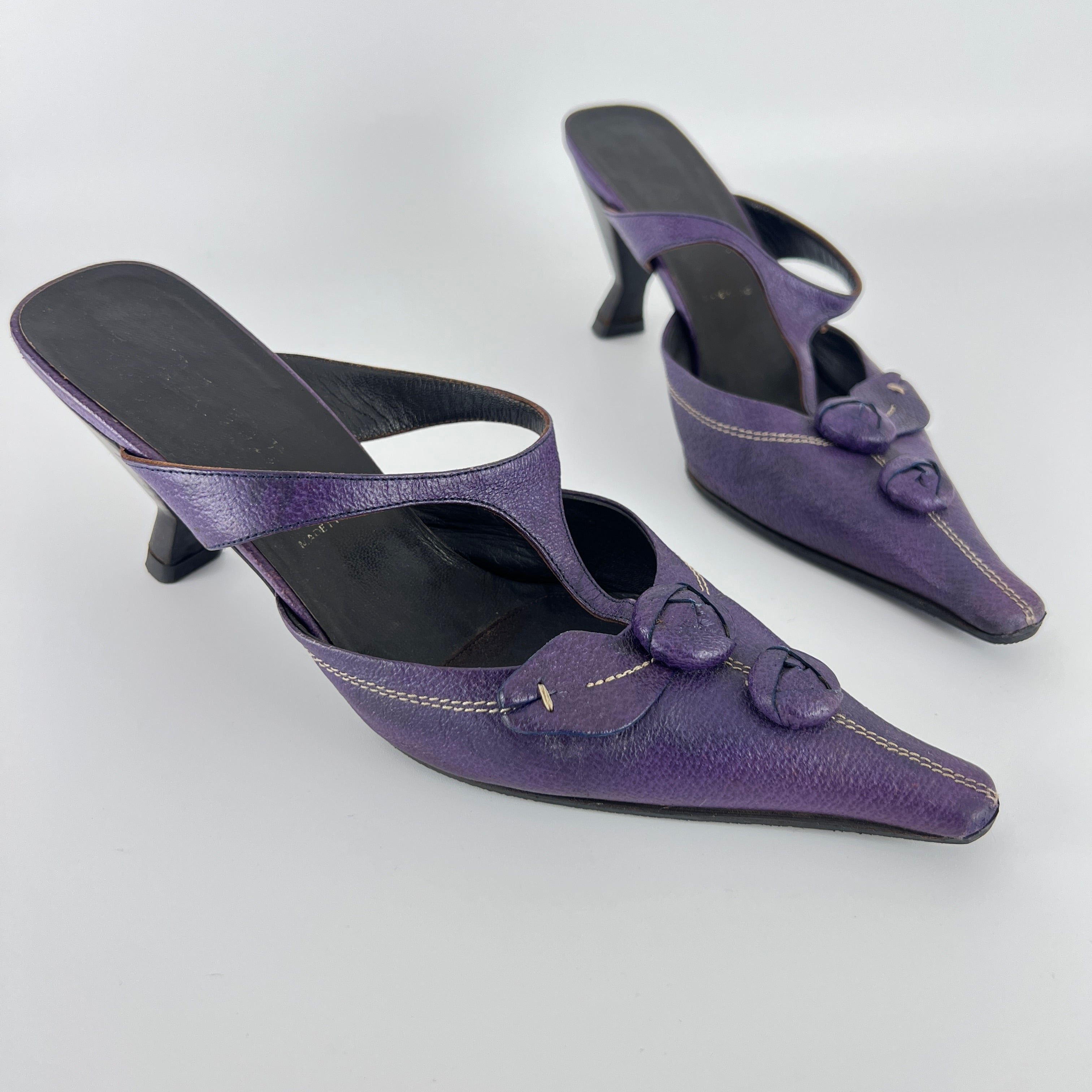 Prada | Archival Pointed Toe Purple Vintage Mid Heel Flower Mules (37)