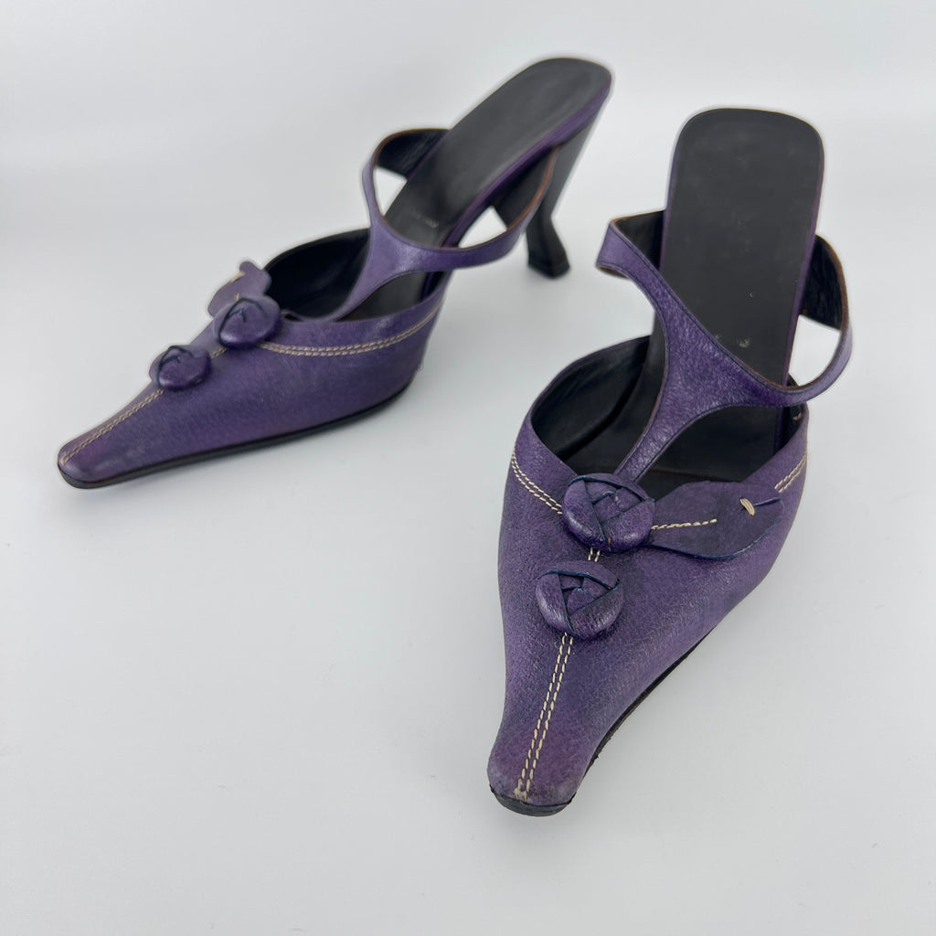 Prada | Archival Pointed Toe Purple Vintage Mid Heel Flower Mules (37)