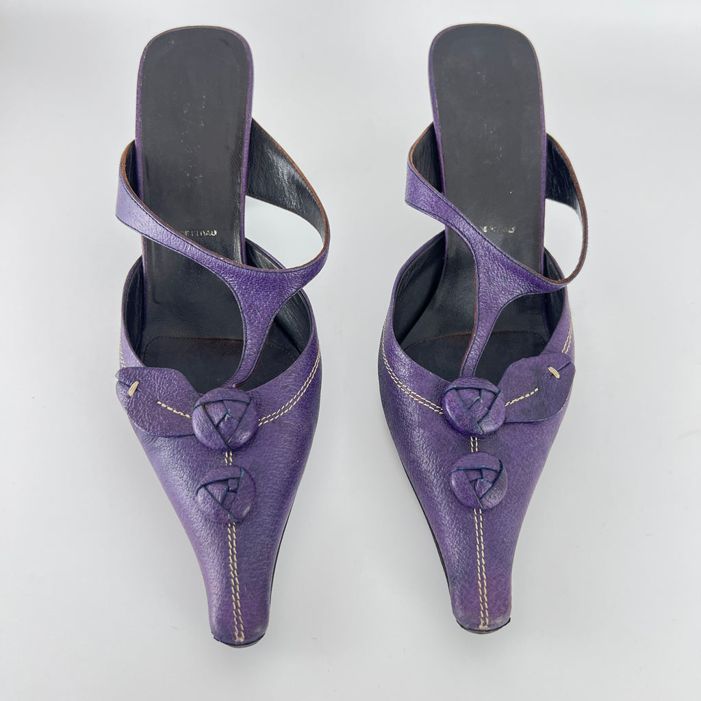 Prada | Archival Pointed Toe Purple Vintage Mid Heel Flower Mules (37)